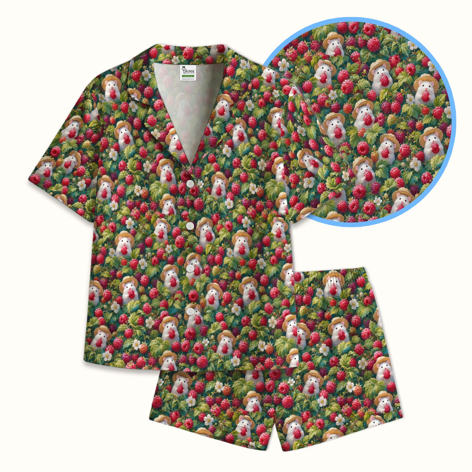 Cute Raspberry Mouse Garden Pattern Pajama Set, Soft Breathable Fabric Comfortable Sleepwear