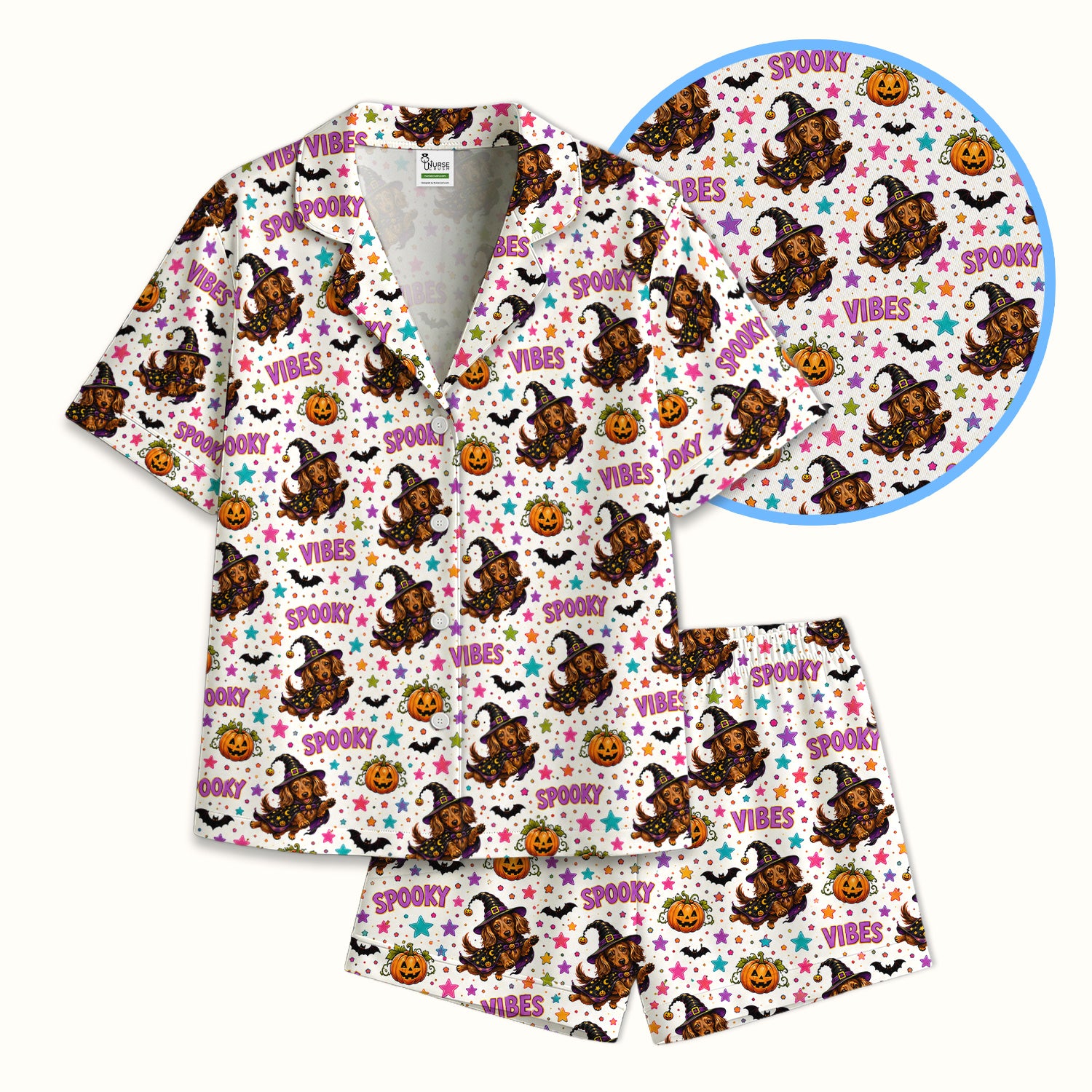 Spooky Dachshund Vibes Print Pajama Set, Soft Breathable Fabric Comfortable Sleepwear