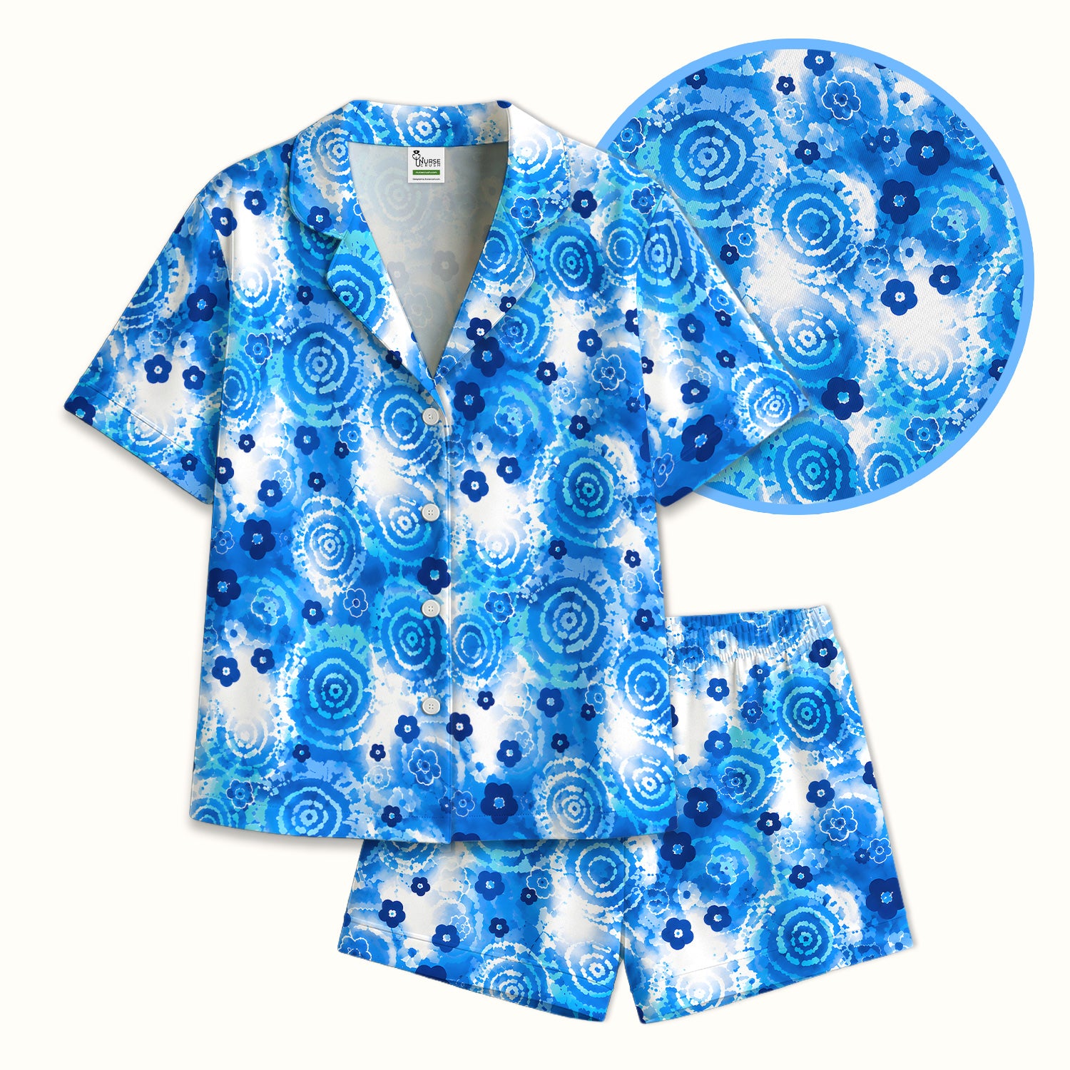 Blue Floral Spiral Nurse Pattern Scrub Top, Breathable Fabrics Nursing Uniform Pajama Set, Soft Breathable Fabric Comfortable Sleepwear