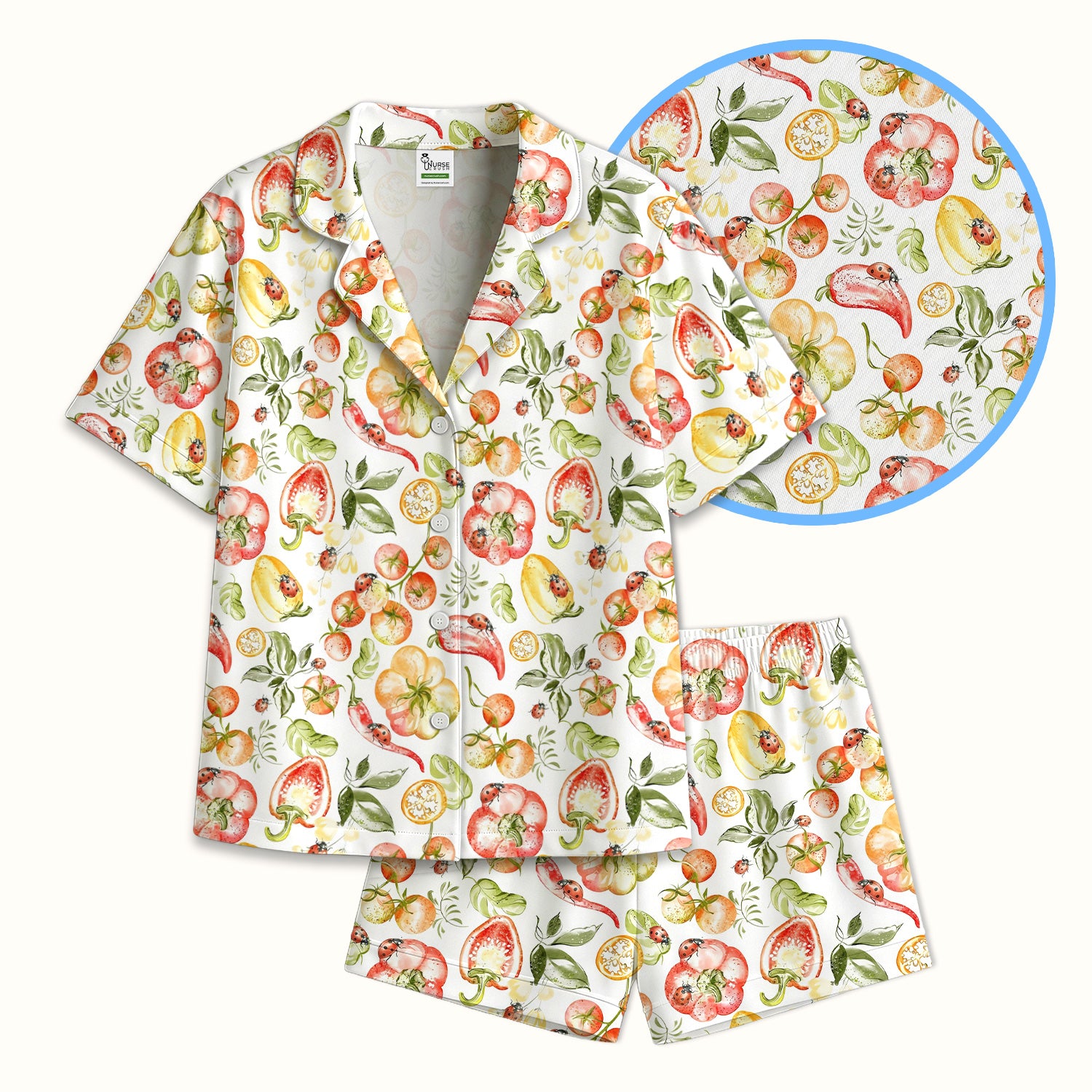 Cute Watercolor Veggie Ladybug Pattern Pajama Set, Soft Breathable Fabric Comfortable Sleepwear