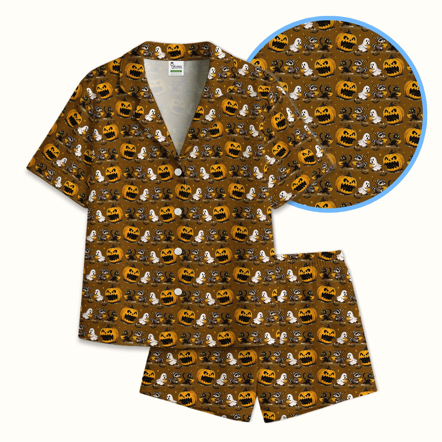 Spooky Halloween Woodland Critters Pattern Pajama Set, Soft Breathable Fabric Comfortable Sleepwear