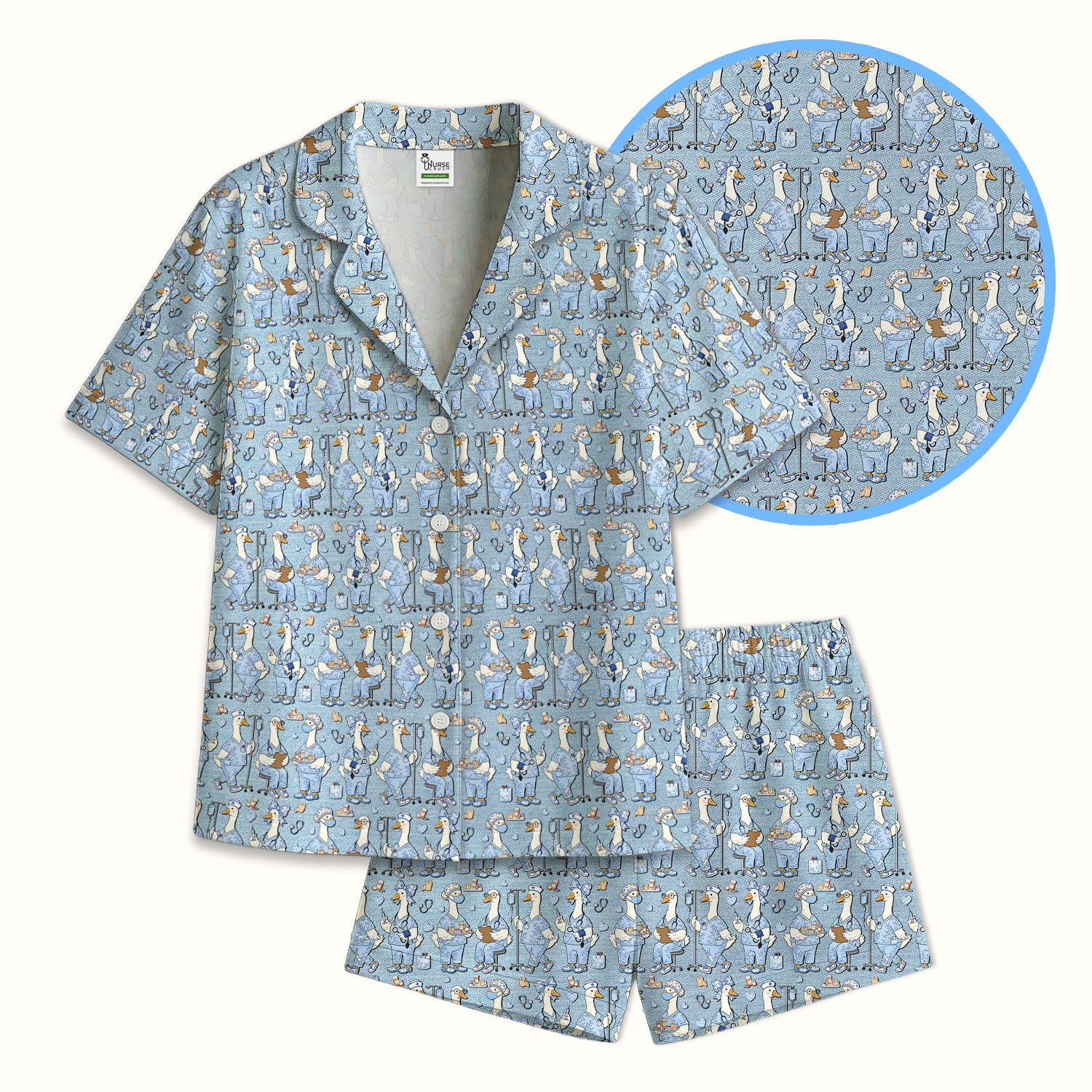 Cute Nurse Goose Working Pattern Pajama Set, Breathable Fabrics Uniform