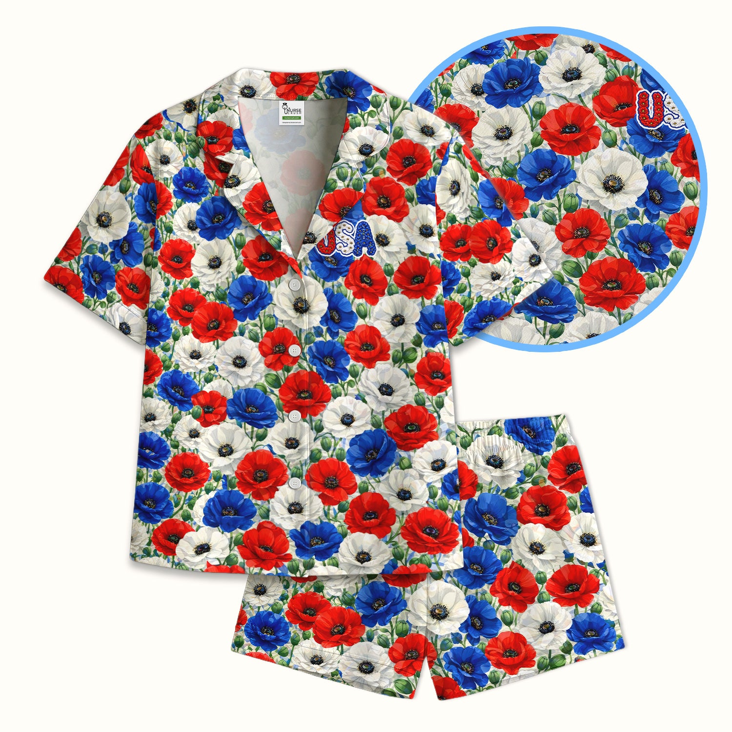 Festive Patriotic Red Blue Poppy Floral Pattern Pajama Set, Soft Breathable Fabric Comfortable Sleepwear