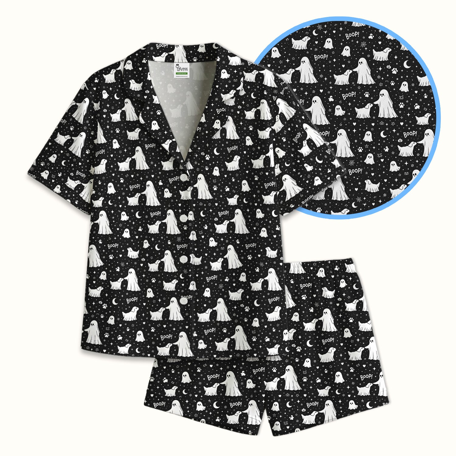 Halloween Ghost Boop Dog Pattern Pajama Set, Soft Breathable Fabric Comfortable Sleepwear