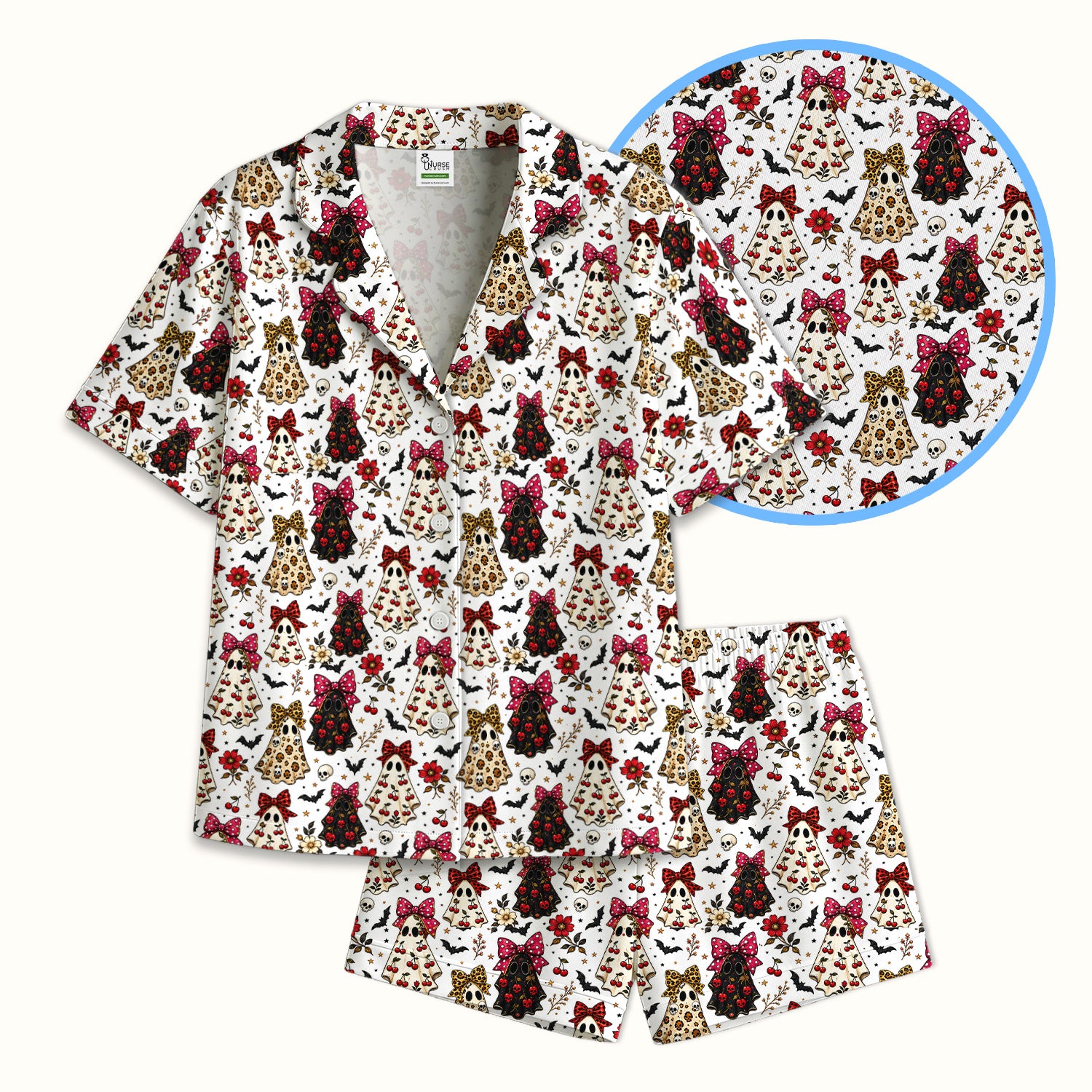 Spooky Halloween Ghost Pattern Pajama Set, Soft Breathable Fabric Comfortable Sleepwear