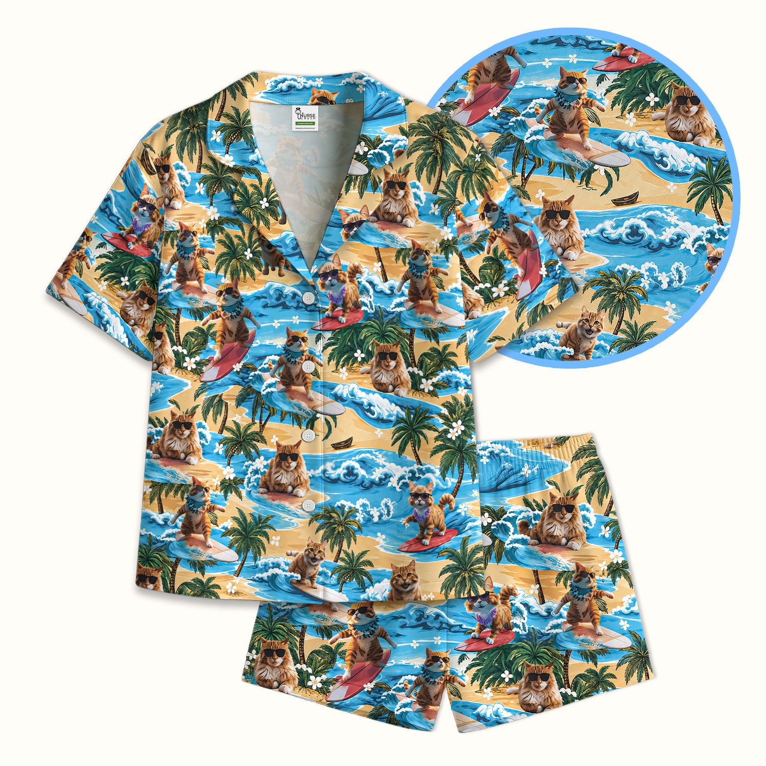 Tropical Surfing Cat with Beach Wave Island Print Pajama Set, Soft Breathable Fabric Comfortable Sleepwear