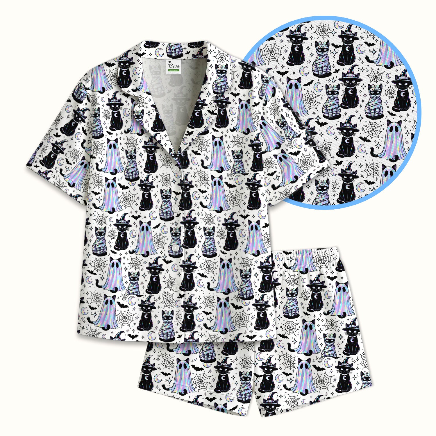 Ghost Witch Cat Pattern Pajama Set, Soft Breathable Fabric Comfortable Sleepwear