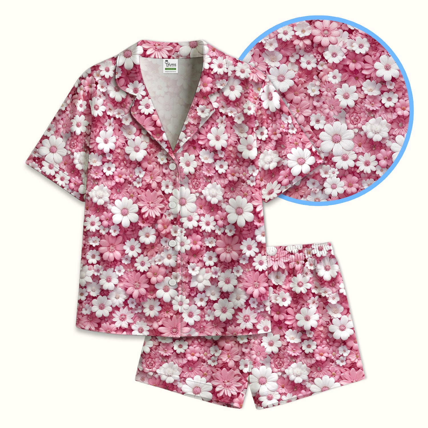 Cute Daisy Flower Bloom Pattern Pajama Set, Soft Breathable Fabric Comfortable Sleepwear