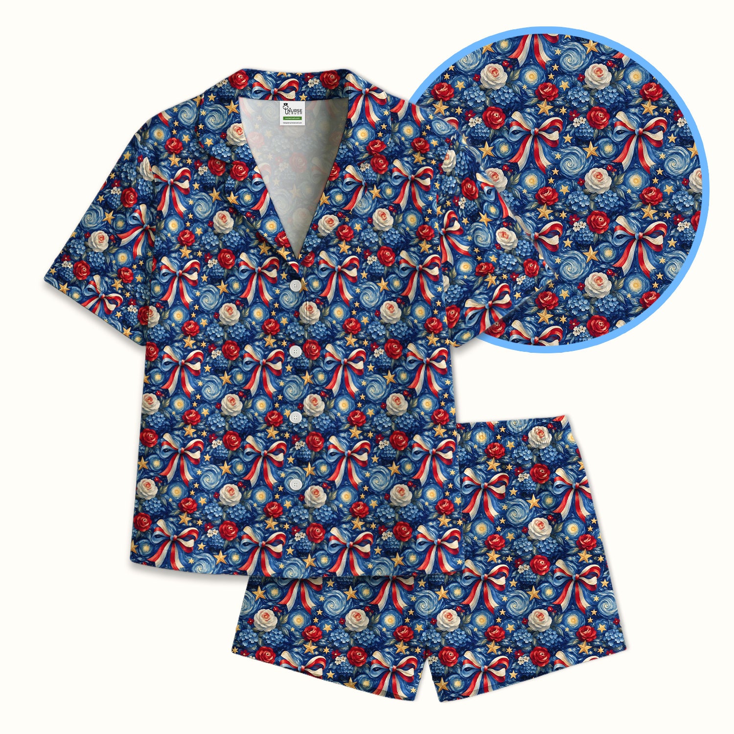 Patriotic Starry Bow Nurse for RN, CNA, Healthcare Workers Pajama Set, Soft Breathable Fabric Comfortable Sleepwear