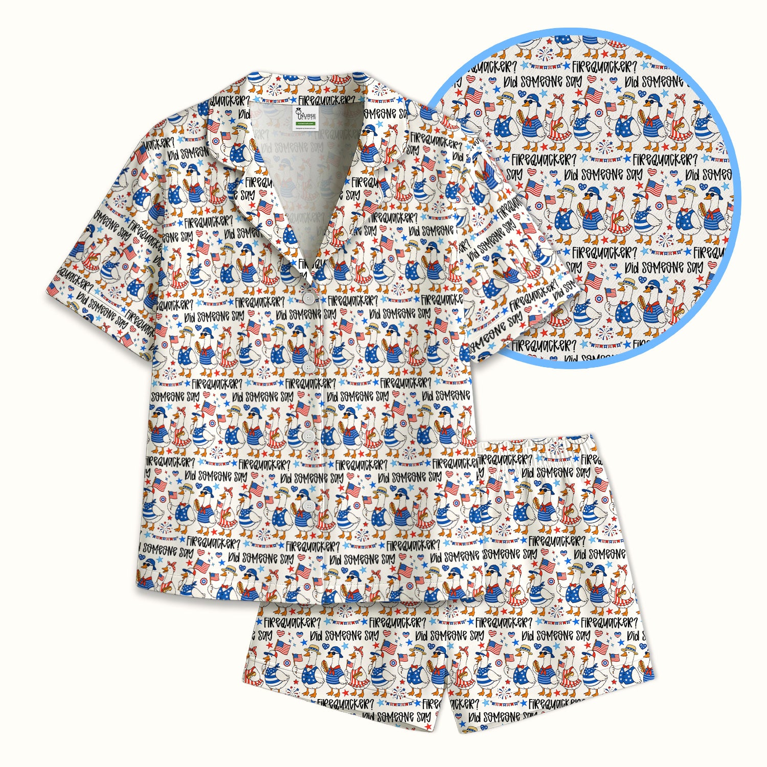 Funny Patriotic Goose Pattern Pajama Set, Soft Breathable Fabric Comfortable Sleepwear