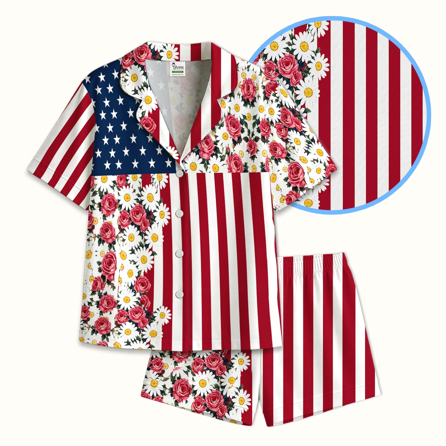 Floral American Flag Nurse Scrub Top for RN, CNA, Healthcare Workers, Patriotic Uniform Pajama Set, Soft Breathable Fabric Comfortable Sleepwear