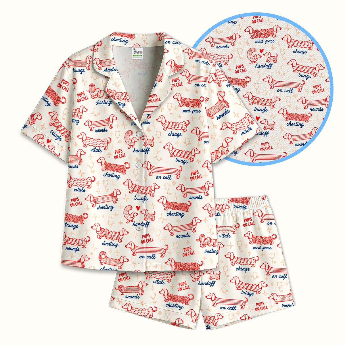 Cute Pups On Call Dachshund Pattern Pajama Set, Soft Breathable Fabric Comfortable Sleepwear