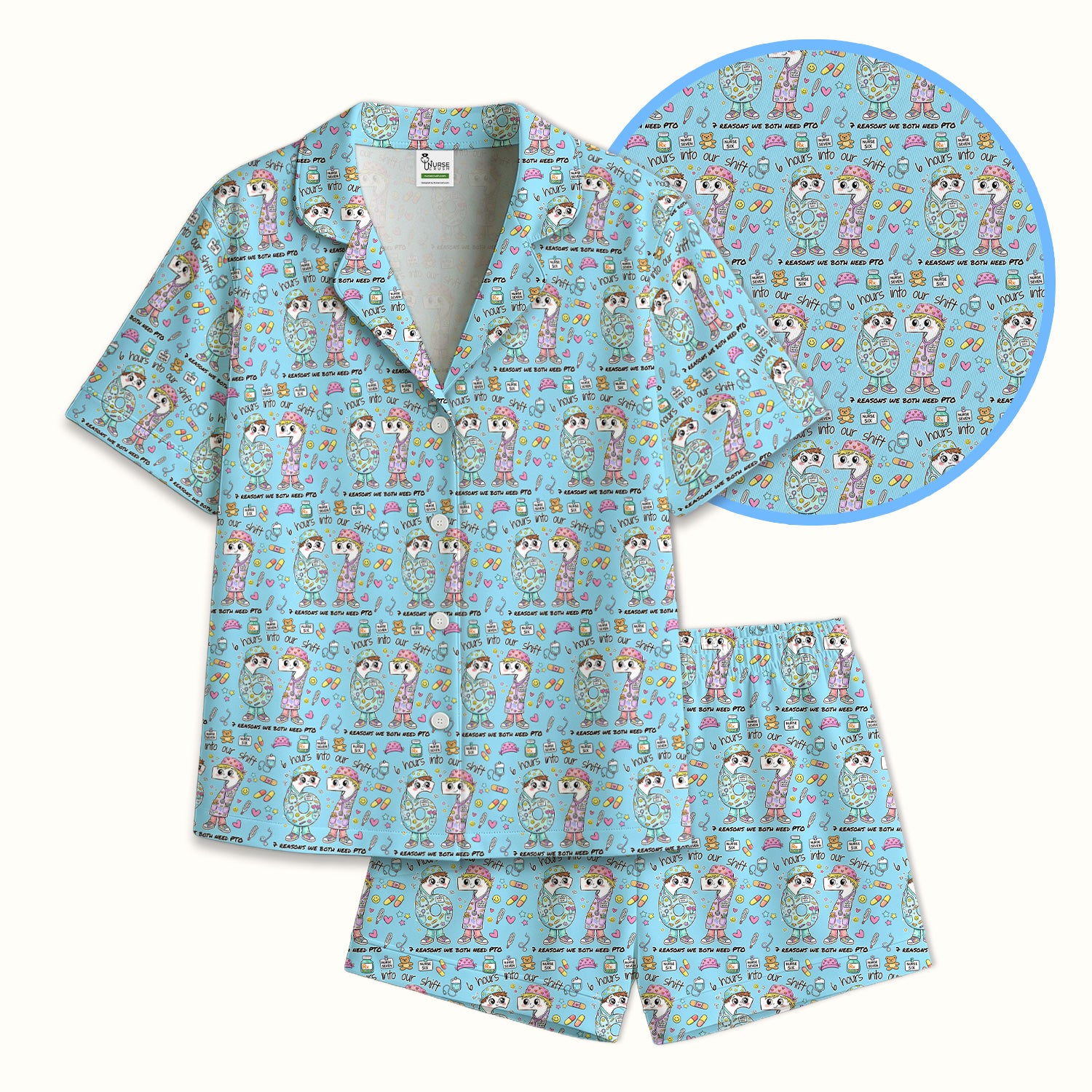Cartoon Characters Six Hours Into Shift With Medical Doodle Pajama Set, Breathable Fabrics Uniform