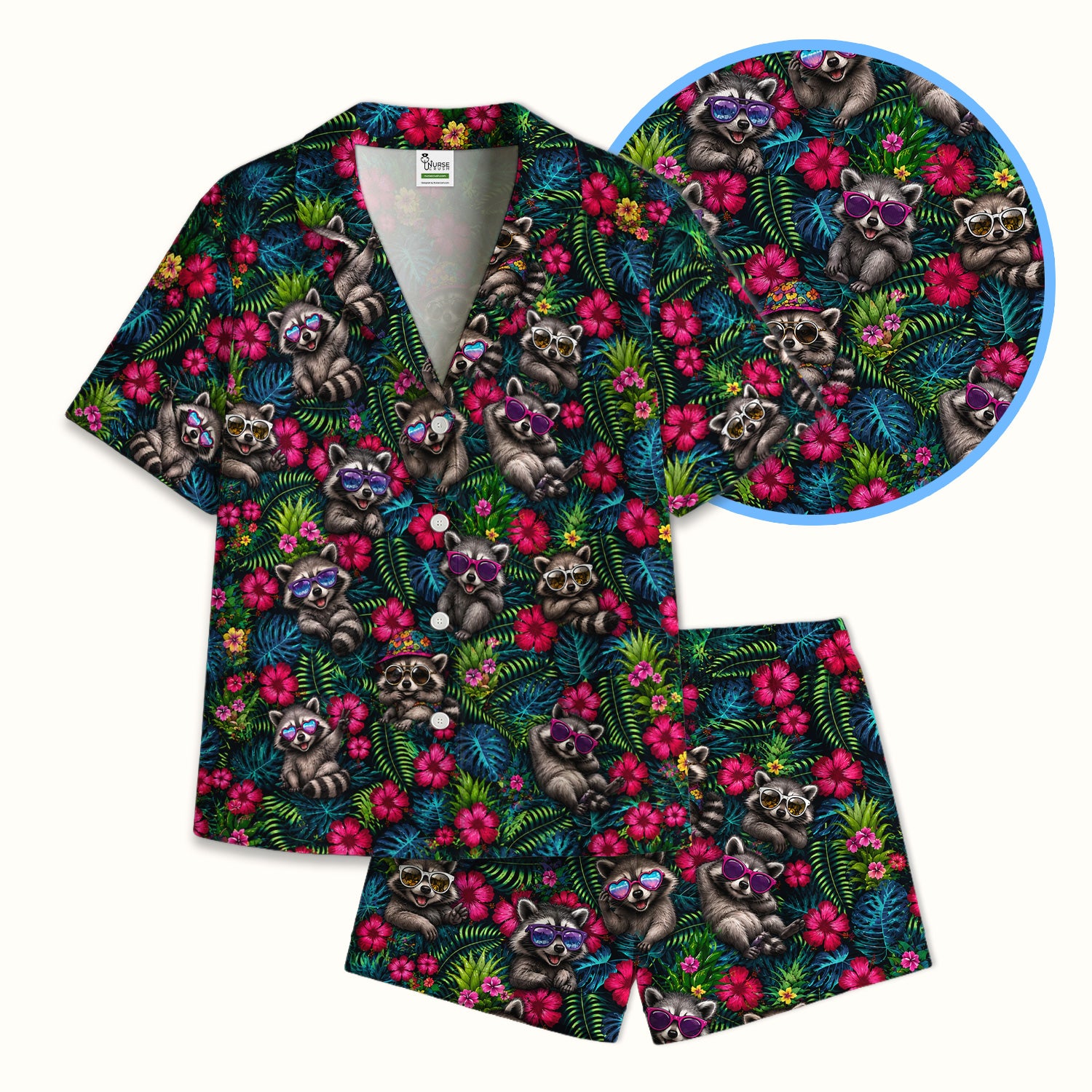 Tropical Raccoon Nurse Floral Pattern Pajama Set, Soft Breathable Fabric Comfortable Sleepwear