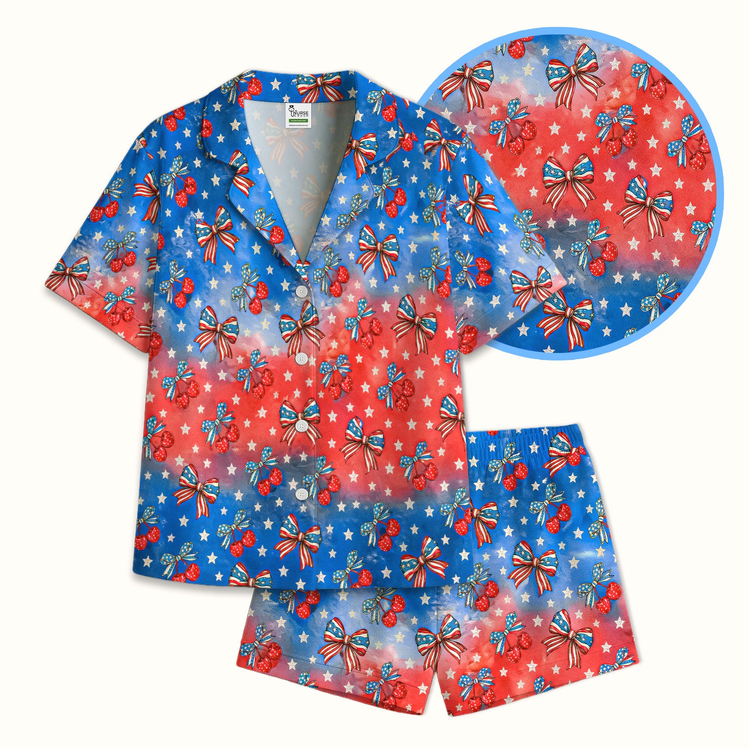 Festive Patriotic Star Bow Cherry Pattern Pajama Set, Soft Breathable Fabric Comfortable Sleepwear