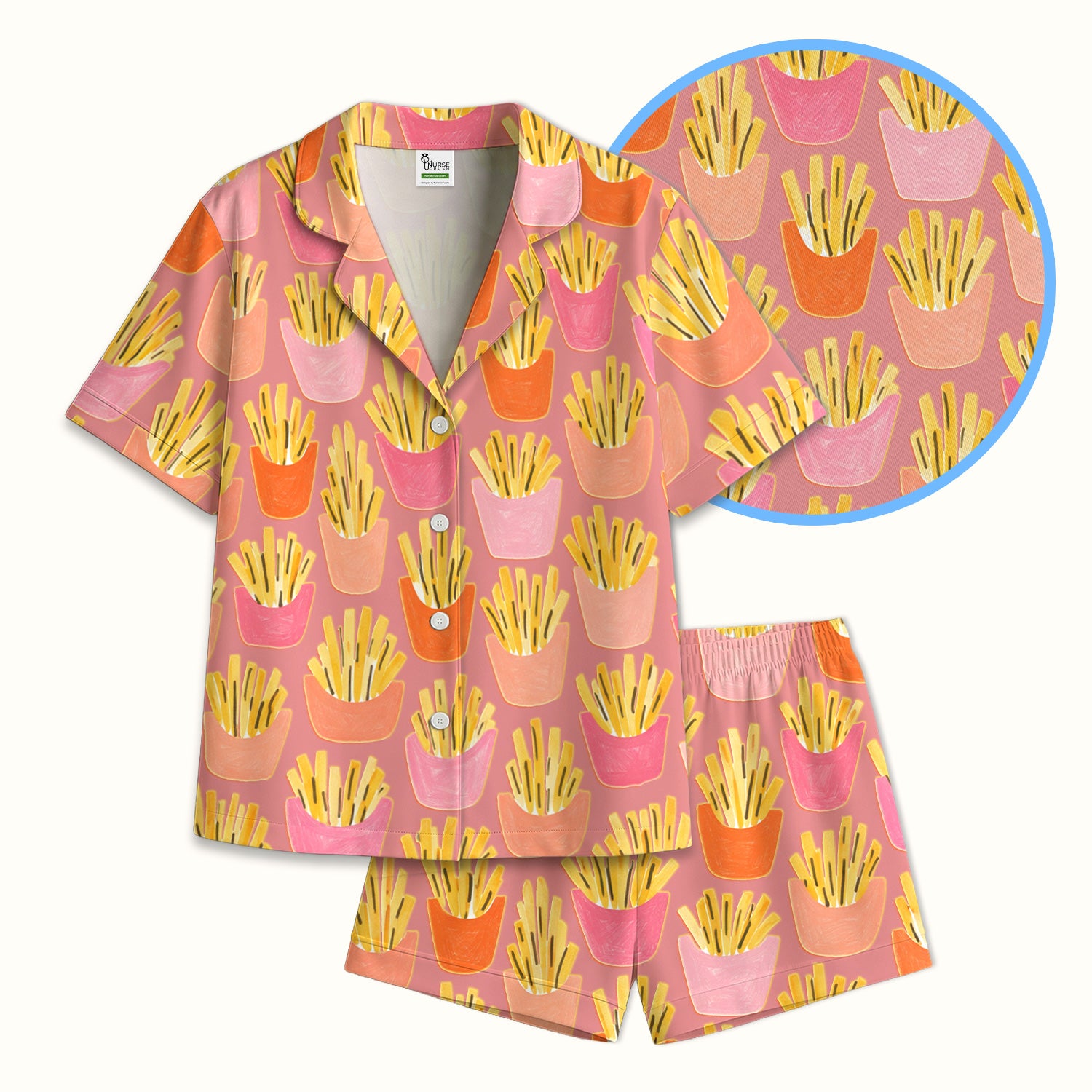 Funny French Fries Snack Food Pattern Pajama Set, Breathable Fabrics Uniform