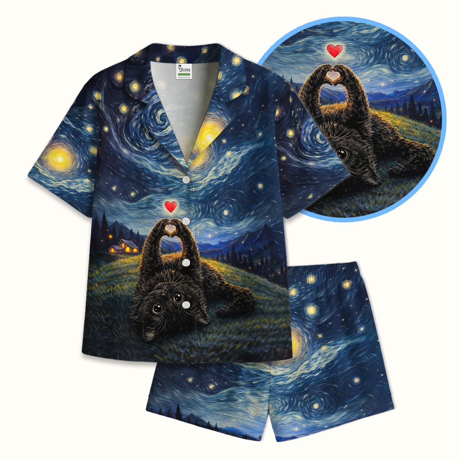 Starry Night Black Cat Heart Art  Pajama Set, Breathable Fabrics Uniform