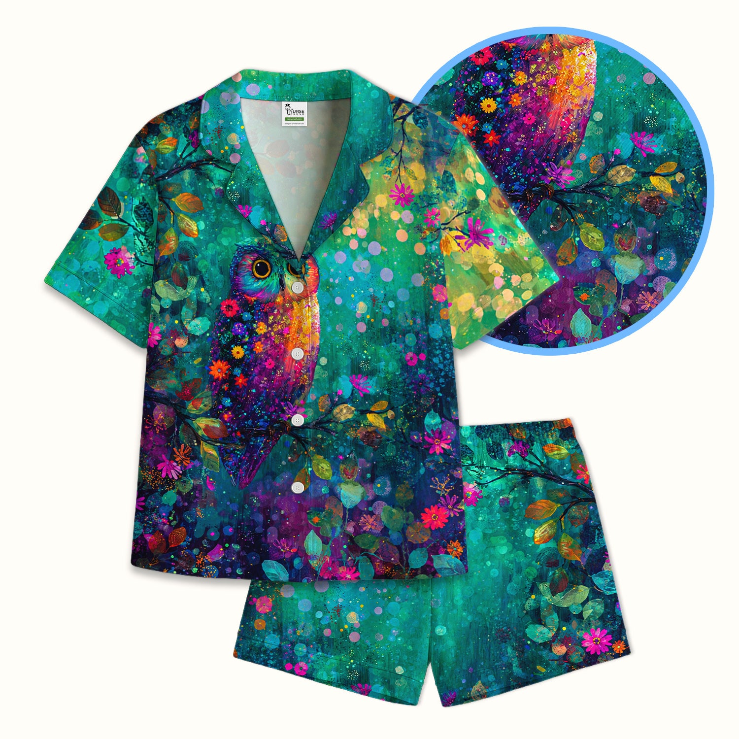 Vibrant Neon Owl Pattern, Colorful Forest Medical Pajama Set, Soft Breathable Fabric Comfortable Sleepwear