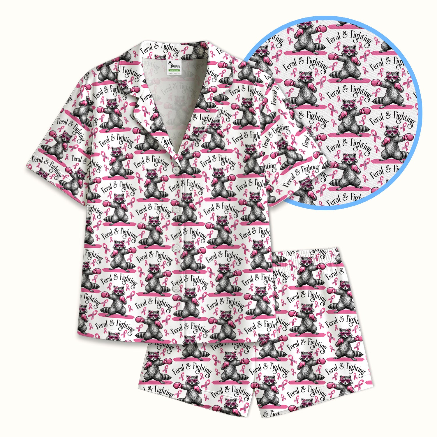 Breast Cancer Awareness Raccoon Pajama Set, Soft Breathable Fabric Comfortable Sleepwear