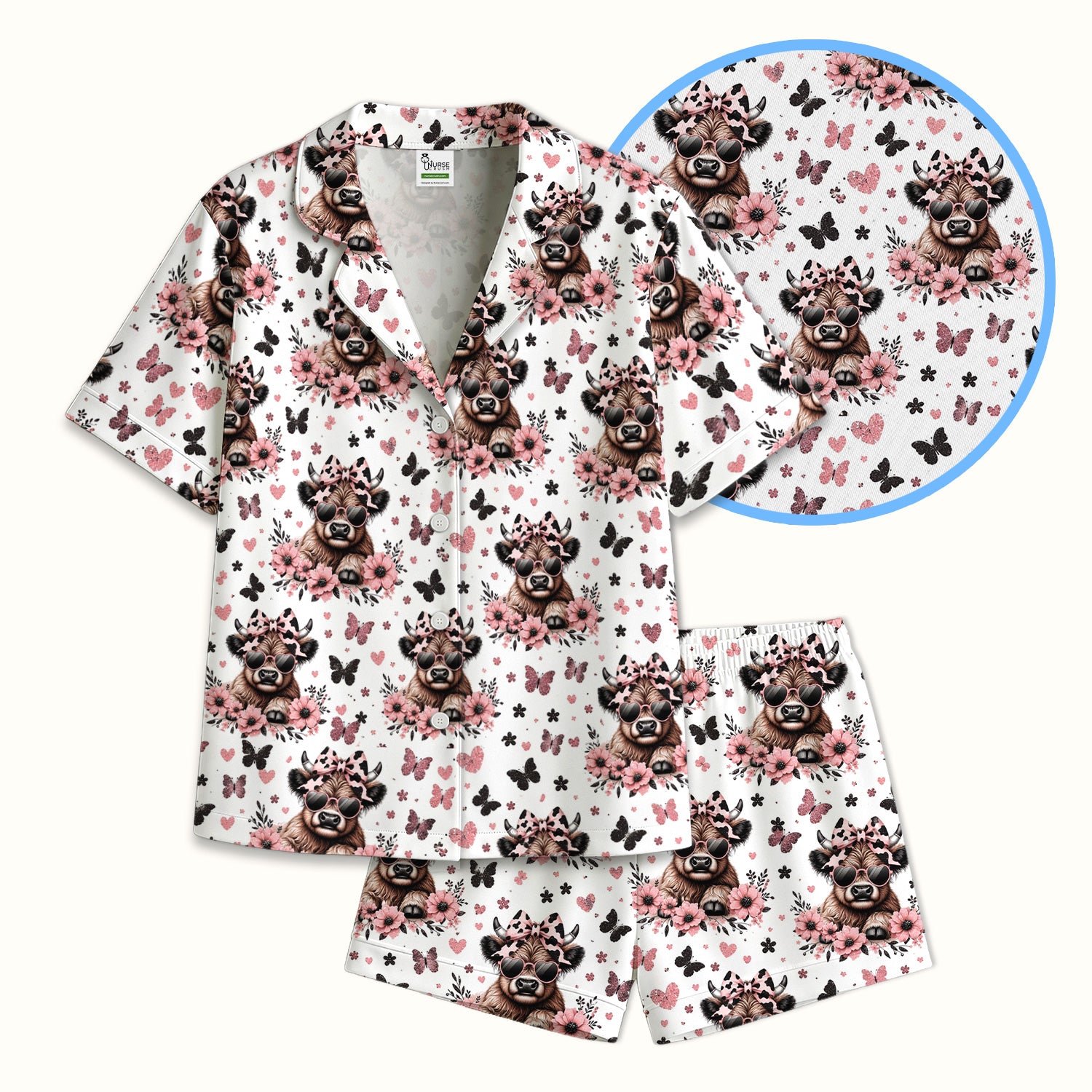 Cute Cow With Heart Sunglasses Pattern Pajama Set, Soft Breathable Fabric Comfortable Sleepwear