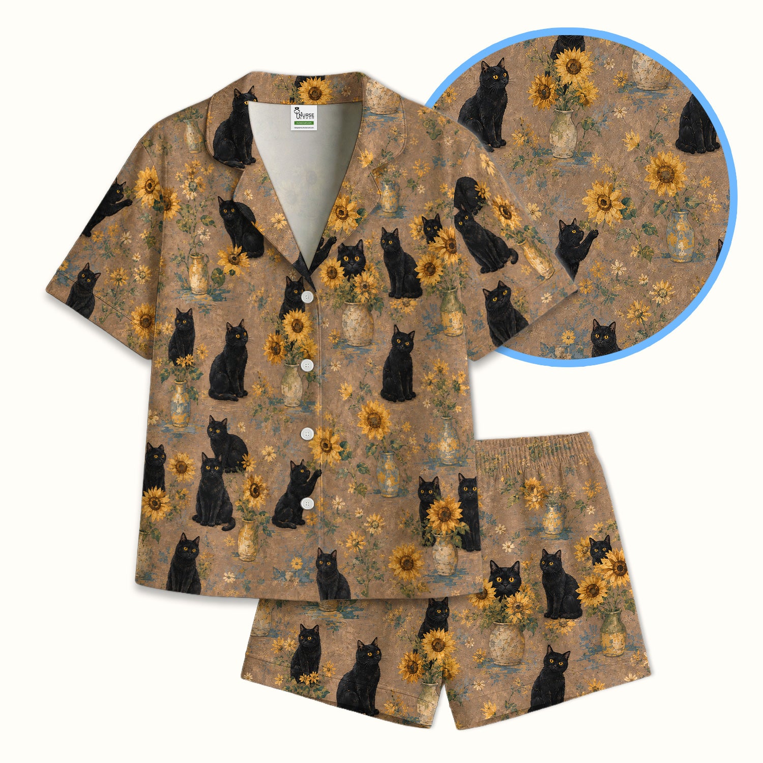 Rustic Sunflower Black Cat Print Pajama Set, Soft Breathable Fabric Comfortable Sleepwear