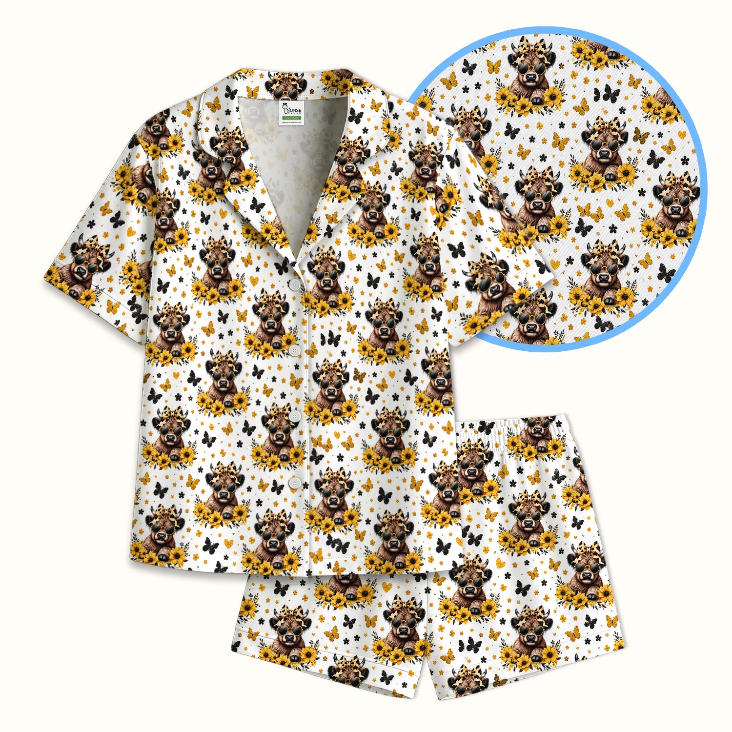 Cow With Sunflower Bow Pattern Pajama Set, Soft Breathable Fabric Comfortable Sleepwear
