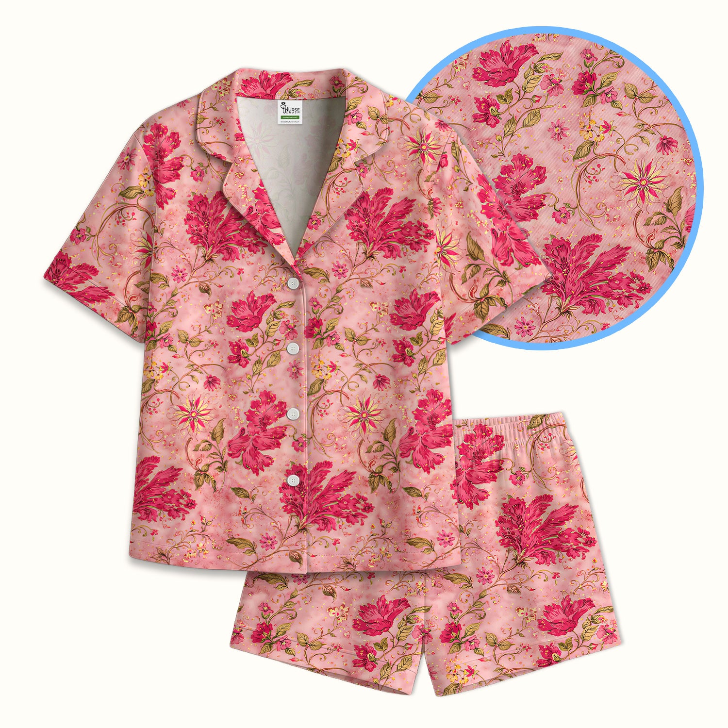 Elegant Pink Floral Vine Pajama Set, Soft Breathable Fabric Comfortable Sleepwear
