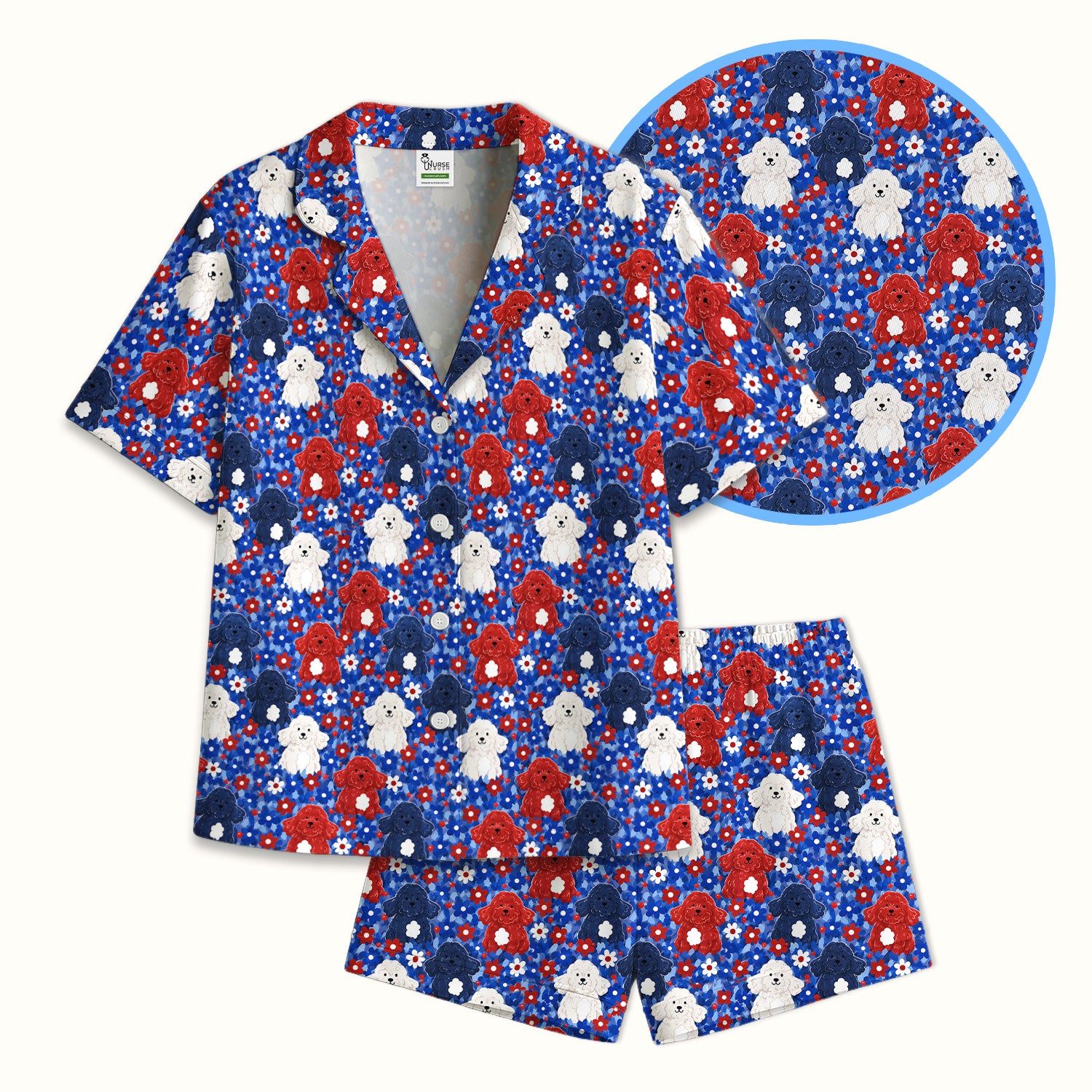Cute Poodle Floral Garden Print Pajama Set, Soft Breathable Fabric Comfortable Sleepwear