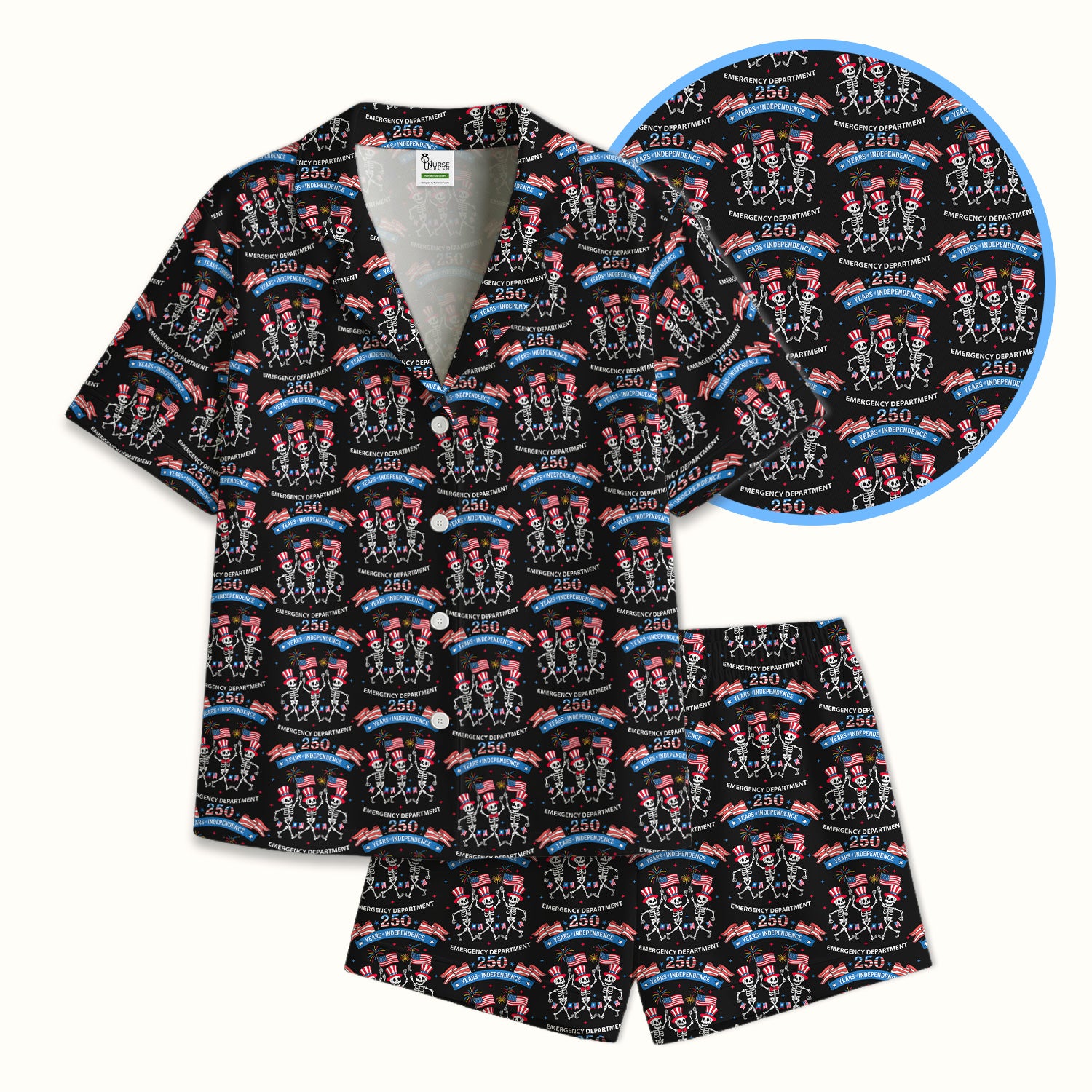 Patriotic Skeleton 250 Years ER Print Pajama Set, Breathable Fabrics Uniform