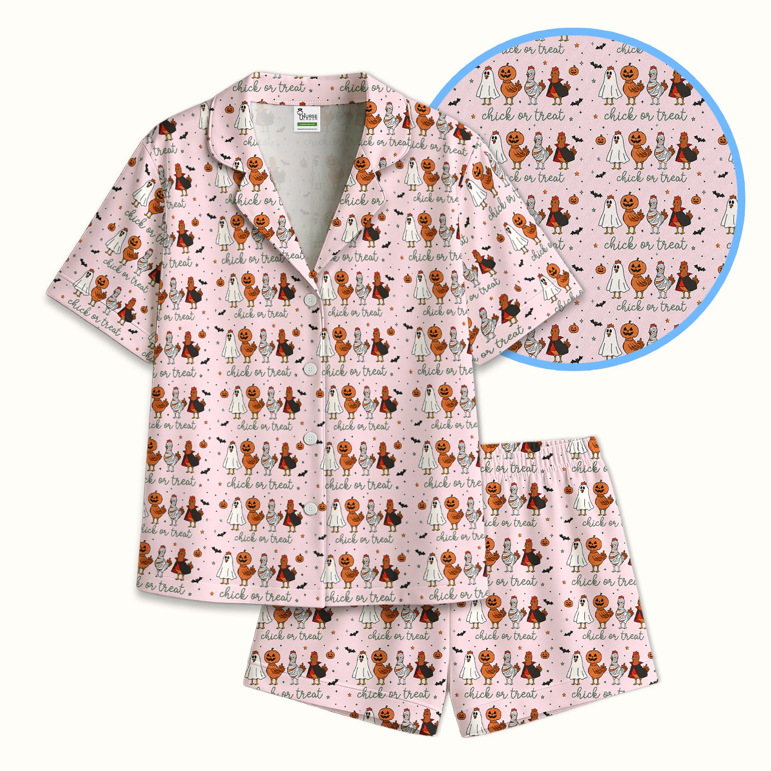 Funny Chick Or Treat Season Pajama Set, Soft Breathable Fabric Comfortable Sleepwear
