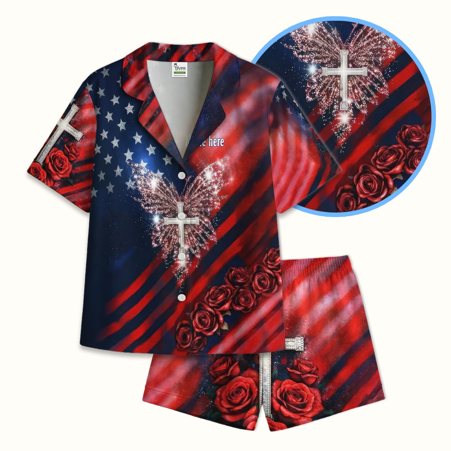 Custom Name Patriotic Cross Butterfly Rose Print Pajama Set, Soft Breathable Fabric Comfortable Sleepwear