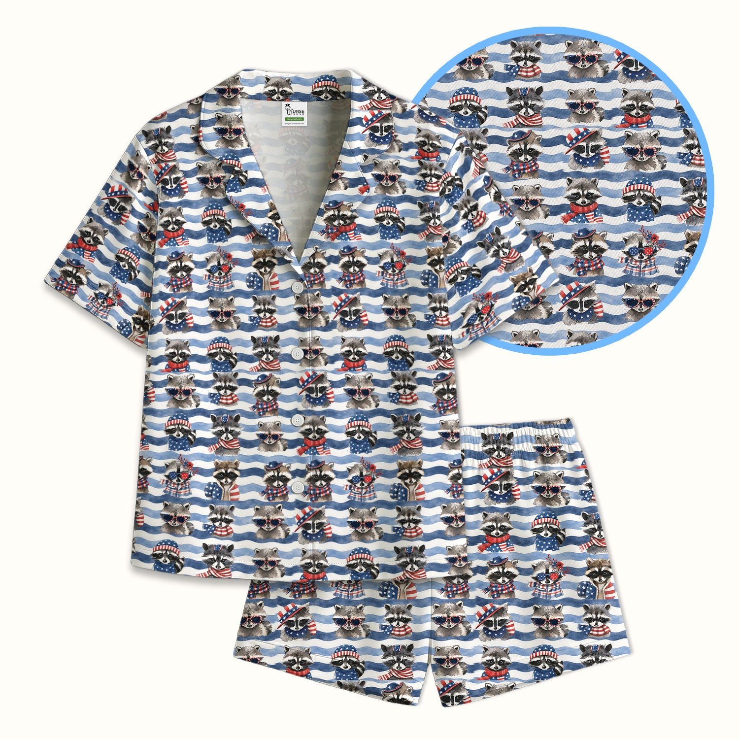 Patriotic Raccoon Watercolor Stripe Pattern Pajama Set, Soft Breathable Fabric Comfortable Sleepwear