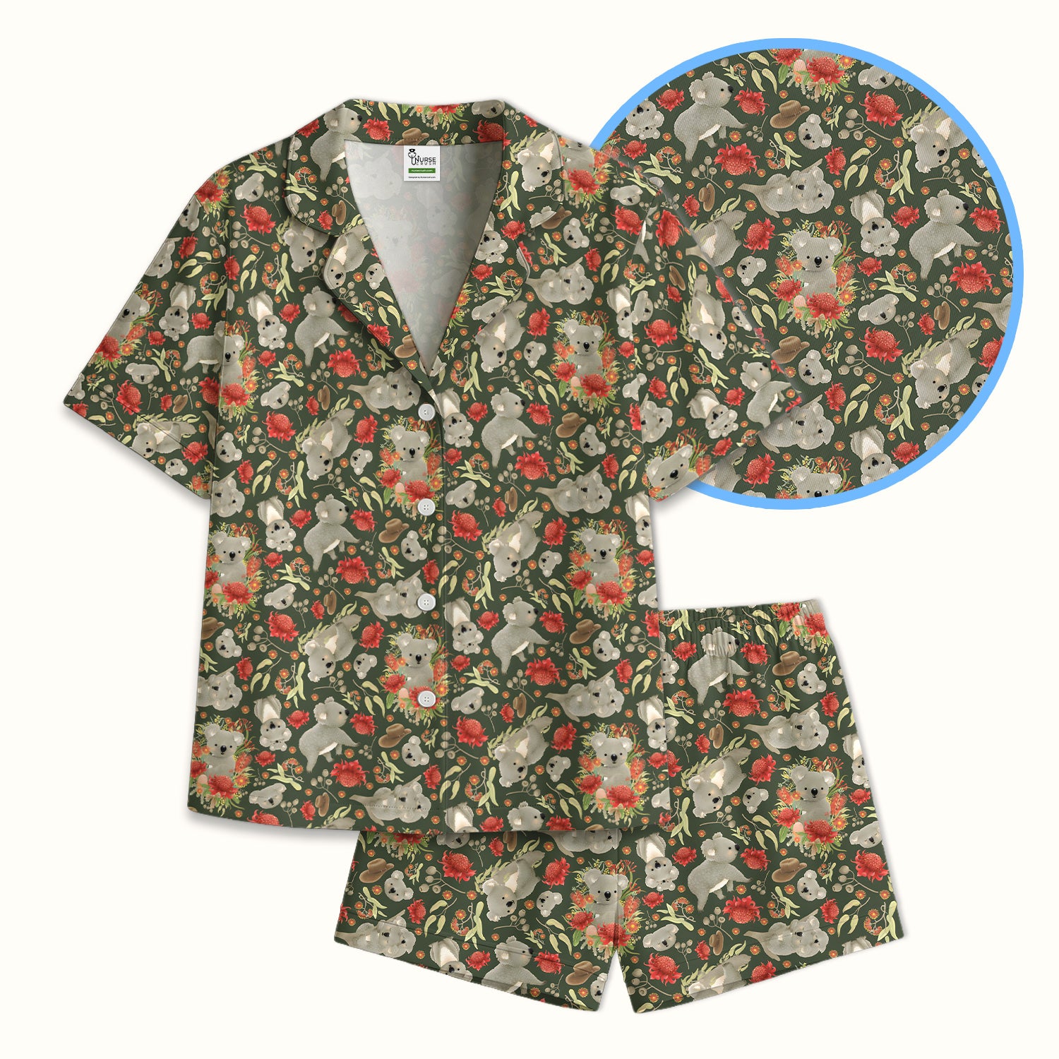Cute Koala Wildflower Pattern Pajama Set, Soft Breathable Fabric Comfortable Sleepwear