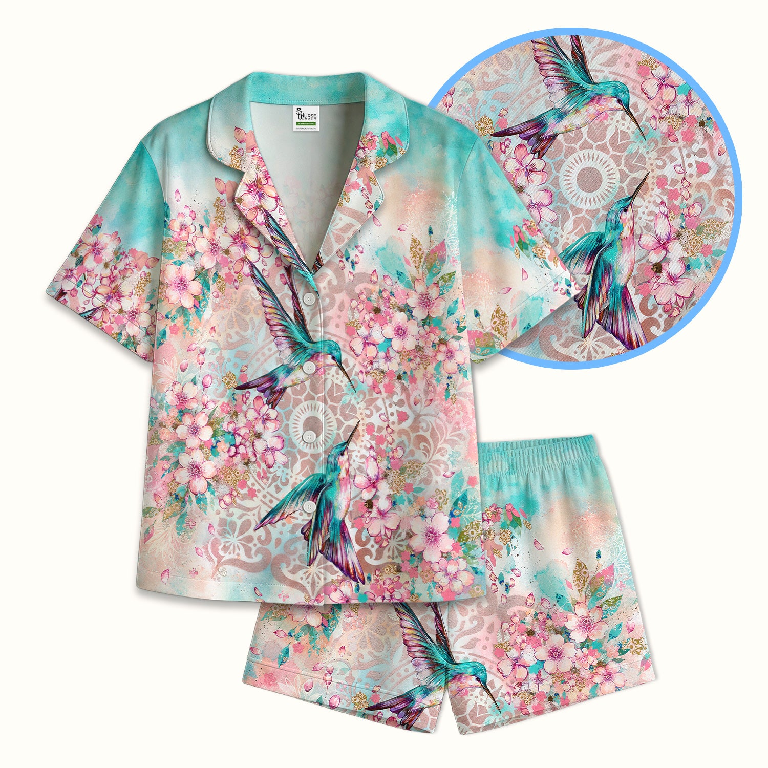 Charming Hummingbird Cherry Blossom Pattern Pajama Set, Soft Breathable Fabric Comfortable Sleepwear