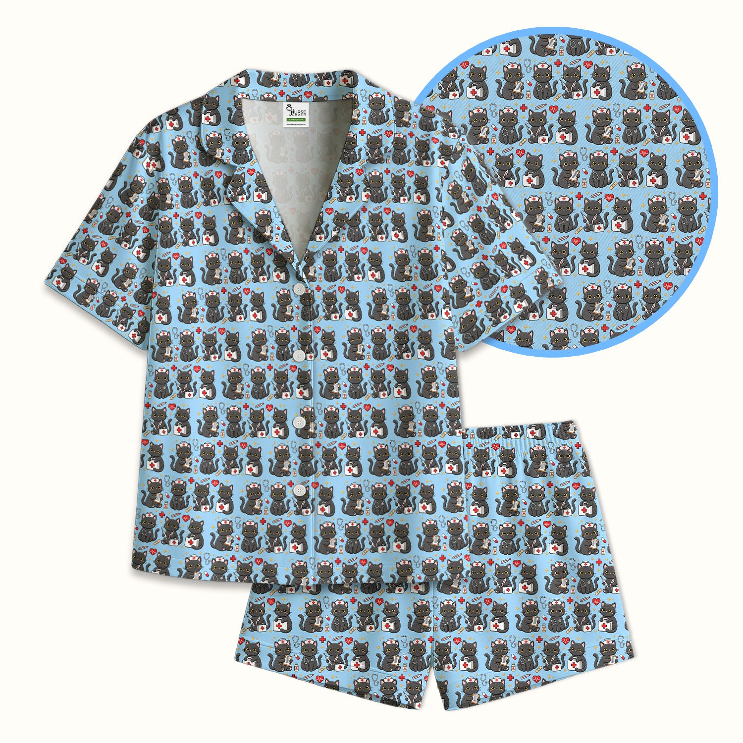 Black Cat Nurse Medical Icons Pajama Set, Soft Breathable Fabric Comfortable Sleepwear
