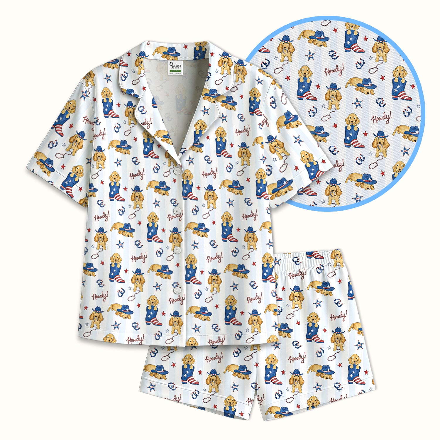 Patriotic Howdy Golden Dog Western Pattern Pajama Set, Soft Breathable Fabric Comfortable Sleepwear