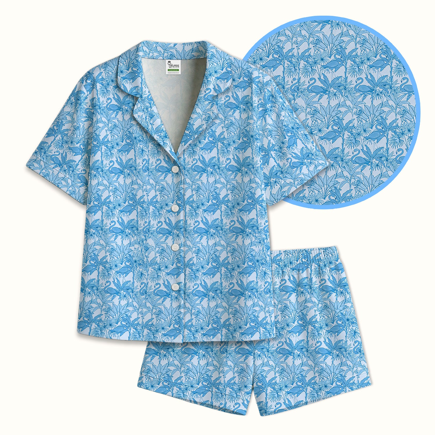 Tropical Flamingo Palm Leaves Pattern Pajama Set, Breathable Fabrics Uniform