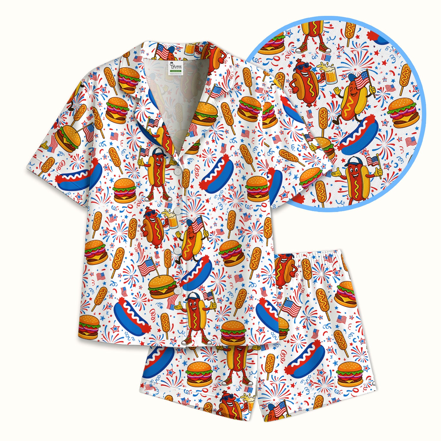 Patriotic Hot Dog Burger Fireworks Pajama Set, Soft Breathable Fabric Comfortable Sleepwear