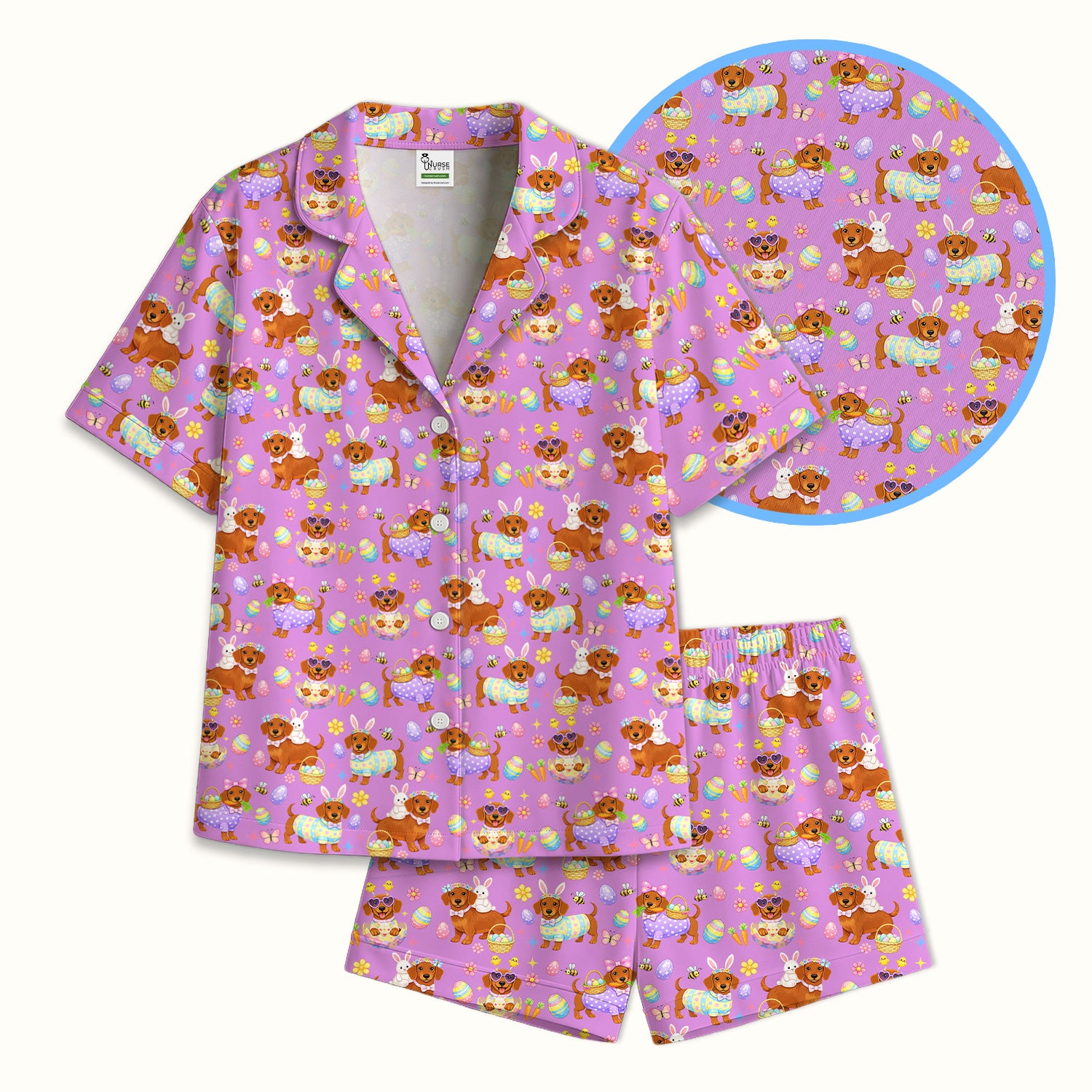 Cute Easter Dachshund Dog Pattern Pajama Set, Breathable Fabrics Uniform