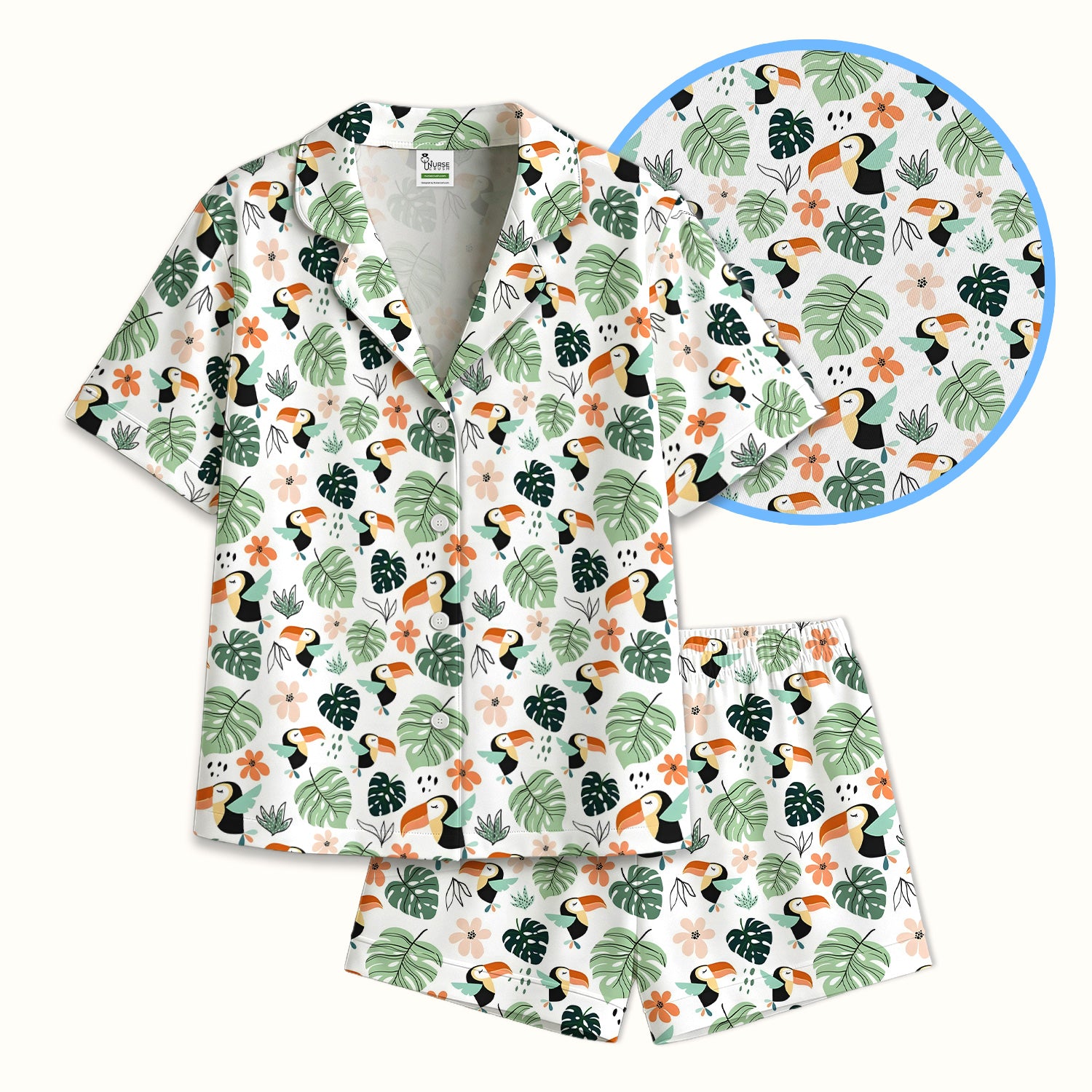Tropical Toucan Leaf Floral Pattern Pajama Set, Soft Breathable Fabric Comfortable Sleepwear