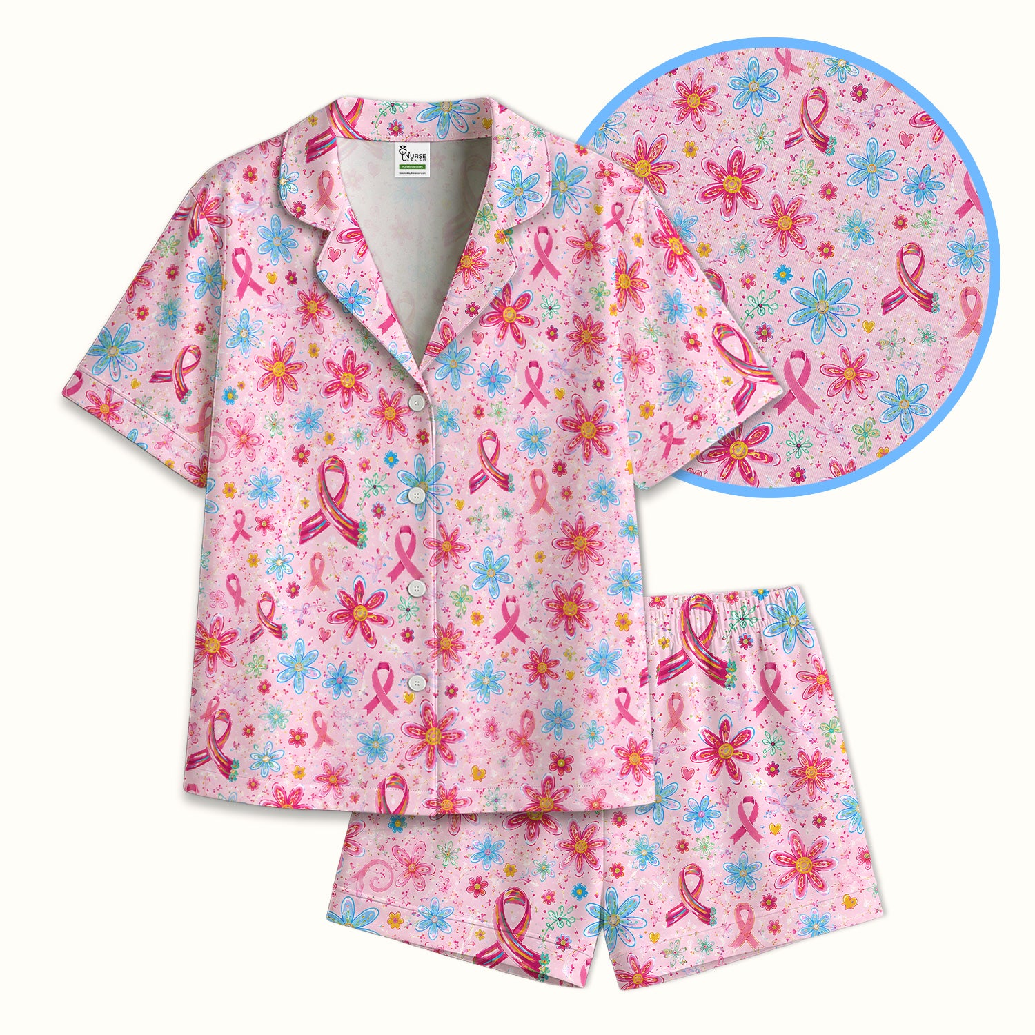 Floral Breast Cancer Awareness Print Pajama Set, Soft Breathable Fabric Comfortable Sleepwear