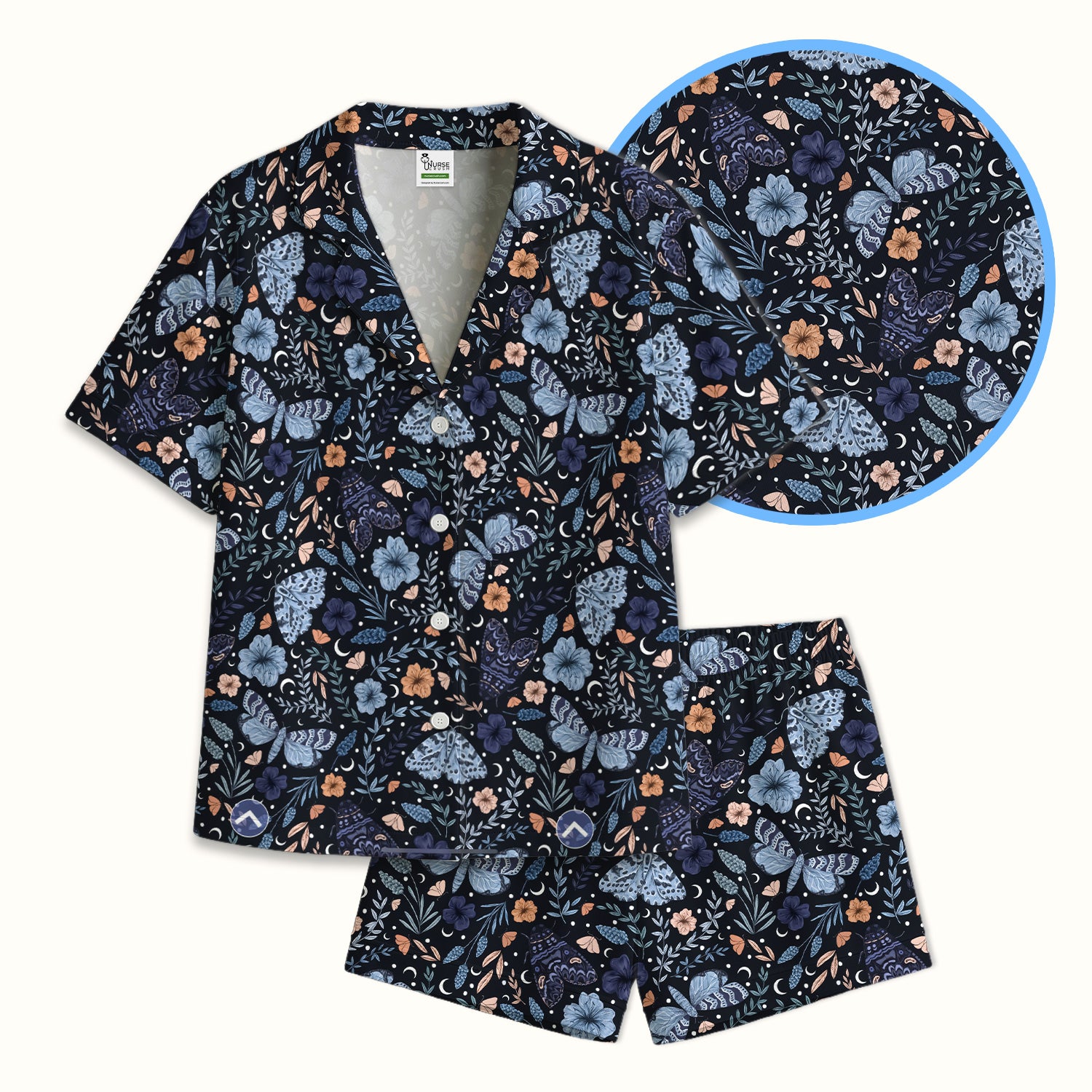 Charming Night Moth Butterfly Floral Pattern Pajama Set, Soft Breathable Fabric Comfortable Sleepwear