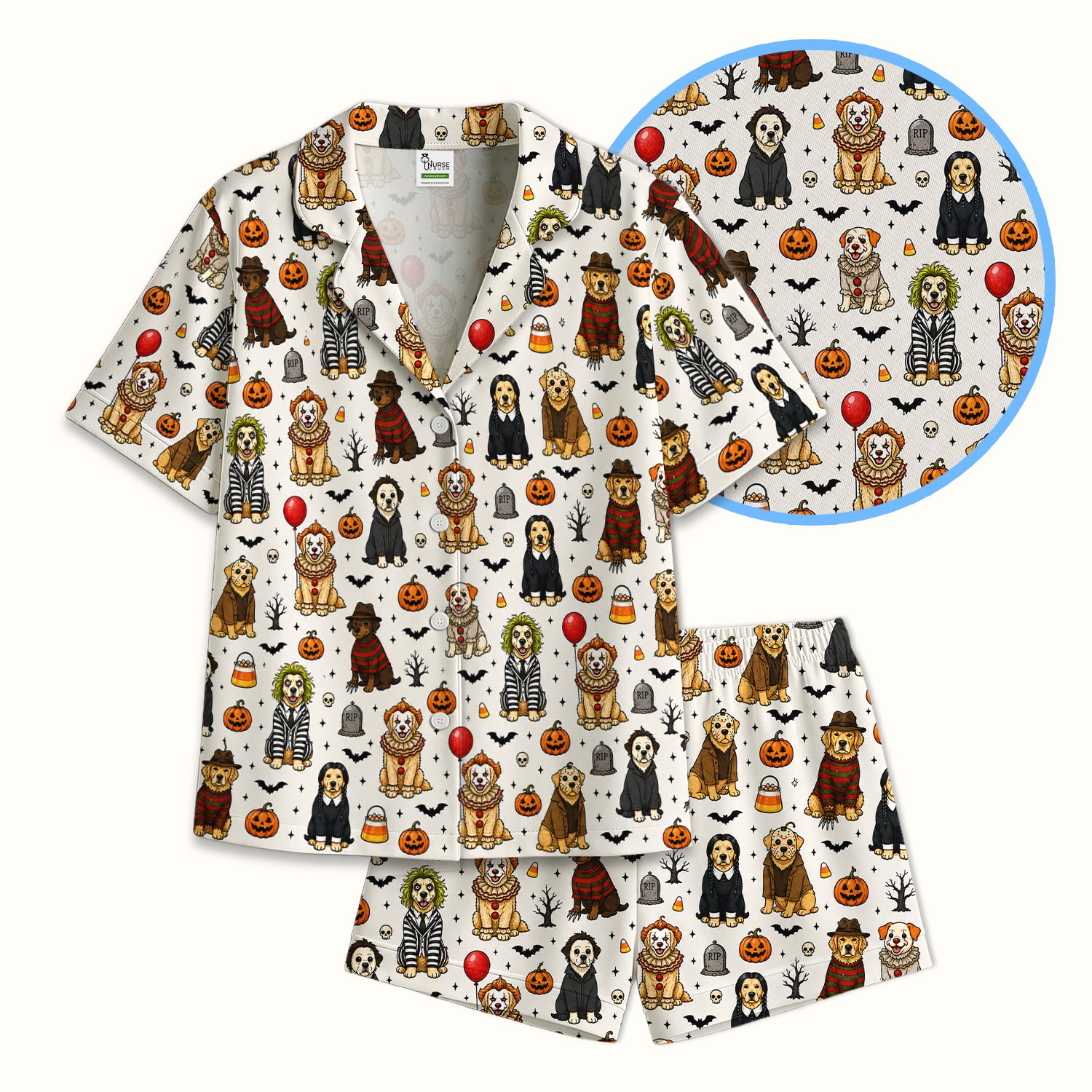 Funny Halloween Dog Pattern Pajama Set, Soft Breathable Fabric Comfortable Sleepwear