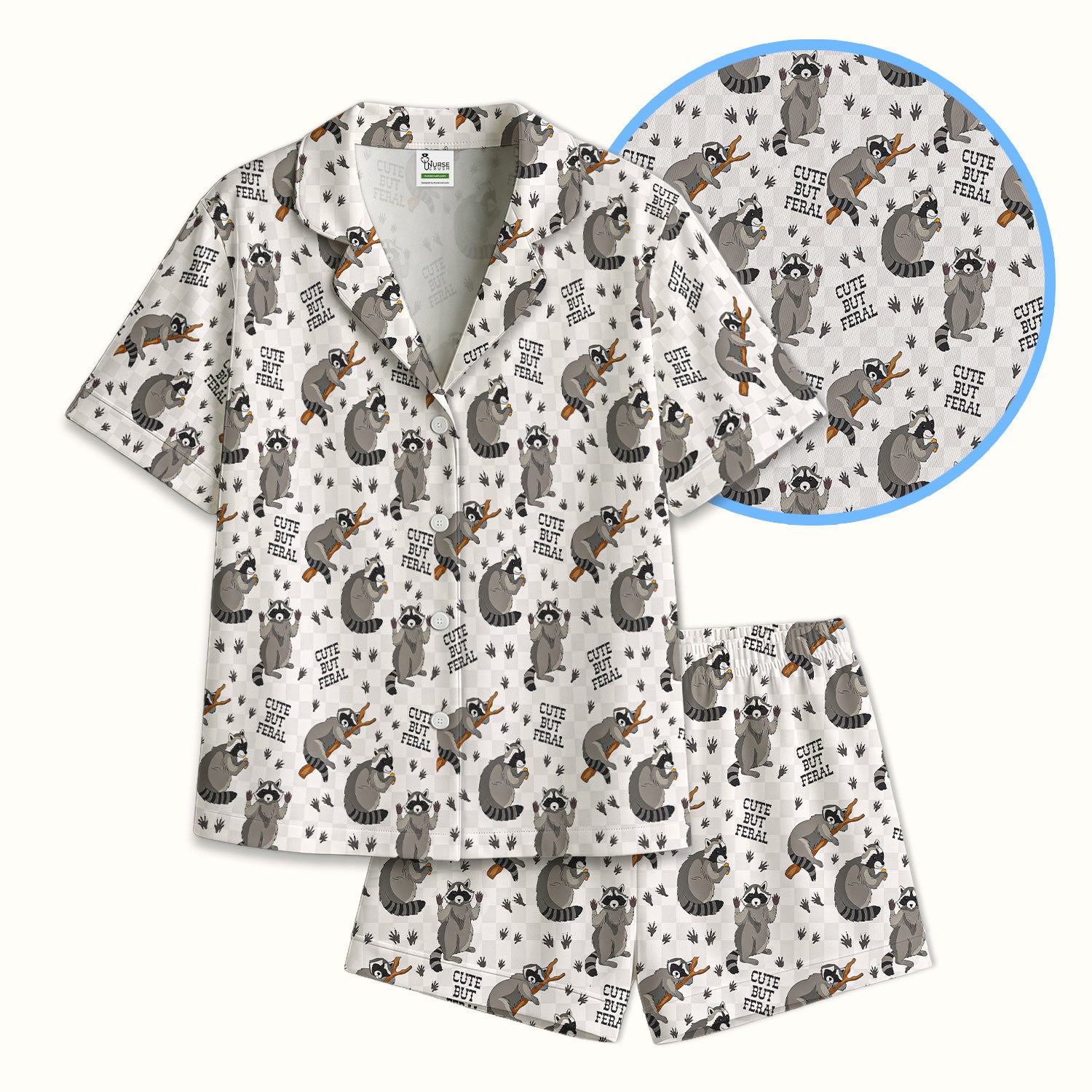 Funny Feral Raccoon Pattern Pajama Set, Soft Breathable Fabric Comfortable Sleepwear