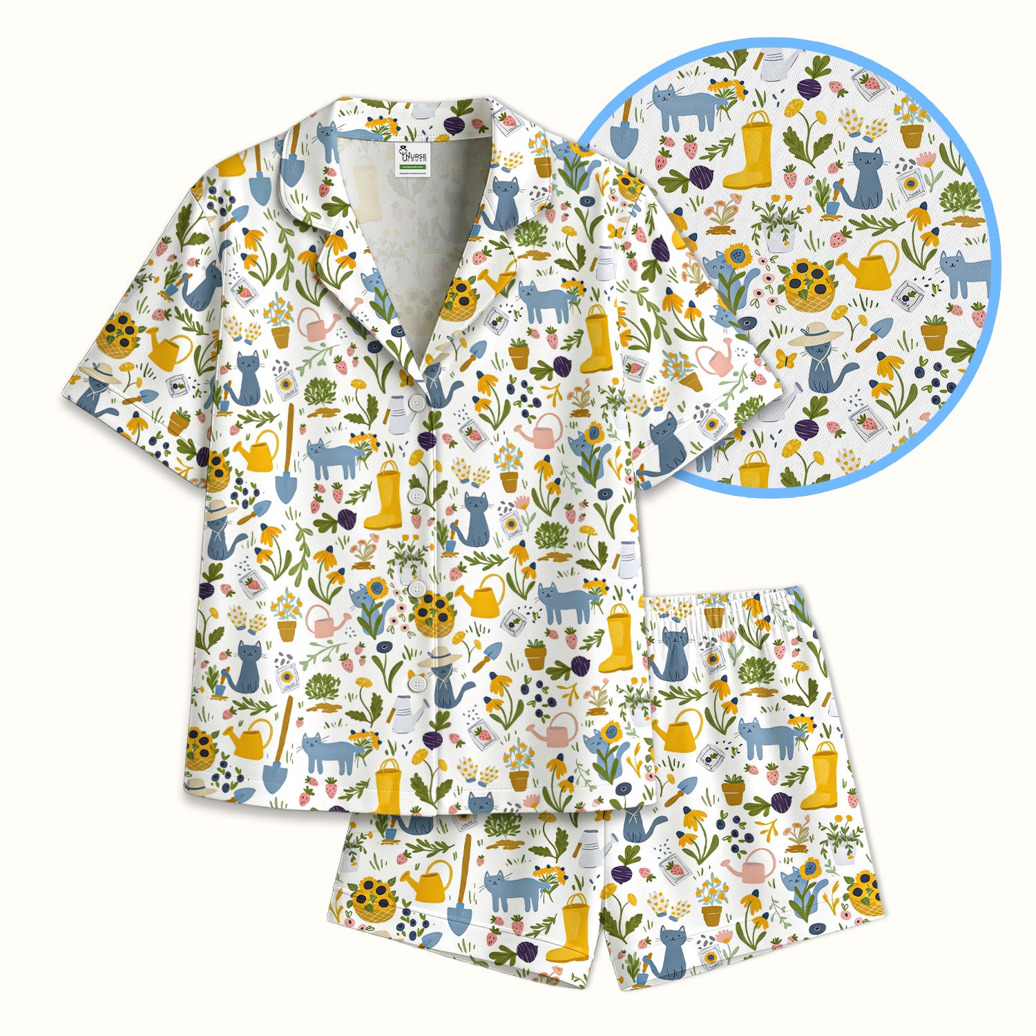 Cat Gardening Wildflower Tools Pattern Pajama Set, Breathable Fabrics Uniform