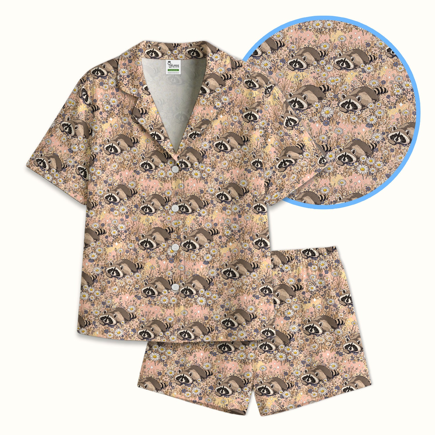Cute Raccoon Wildflower Meadow Pattern Pajama Set, Soft Breathable Fabric Comfortable Sleepwear