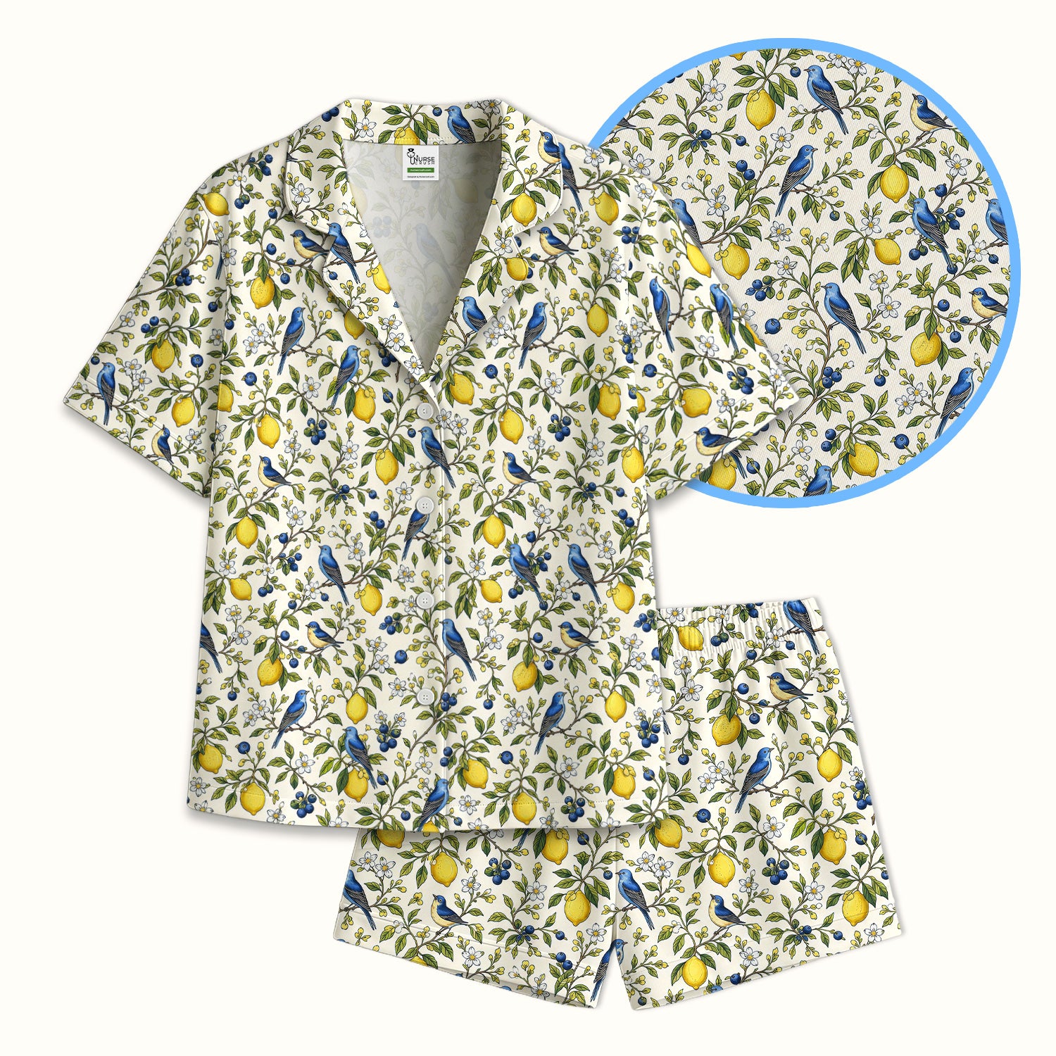Bluebird Lemon Blossom Pattern Pajama Set, Soft Breathable Fabric Comfortable Sleepwear