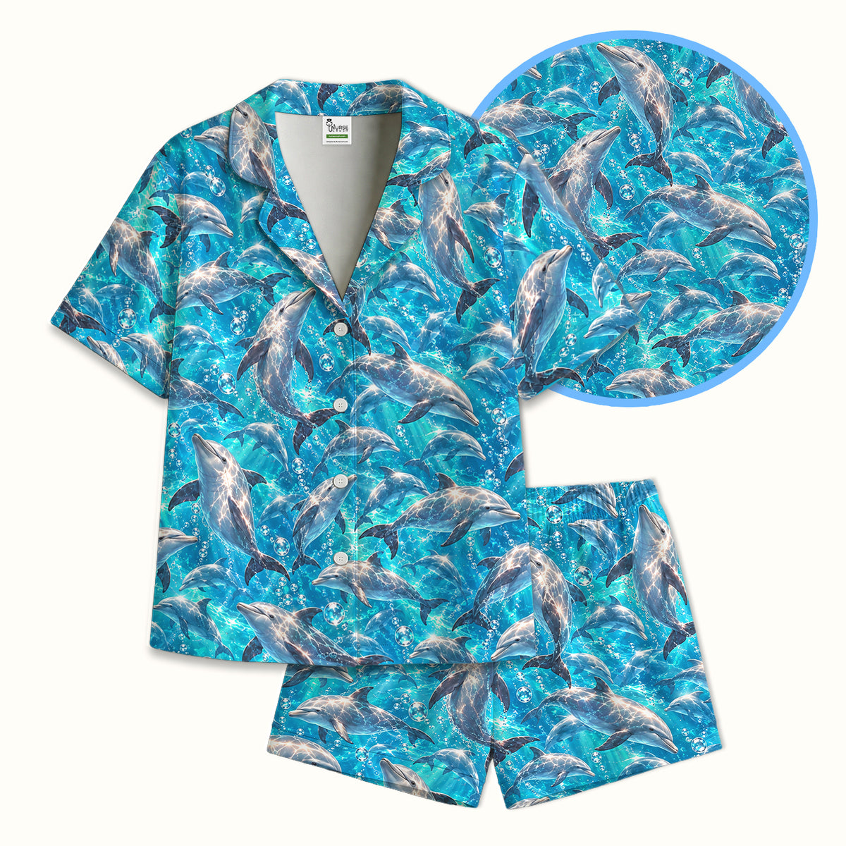 Blue Ocean Dolphin Pattern Pajama Set, Soft Breathable Fabric Comfortable Sleepwear