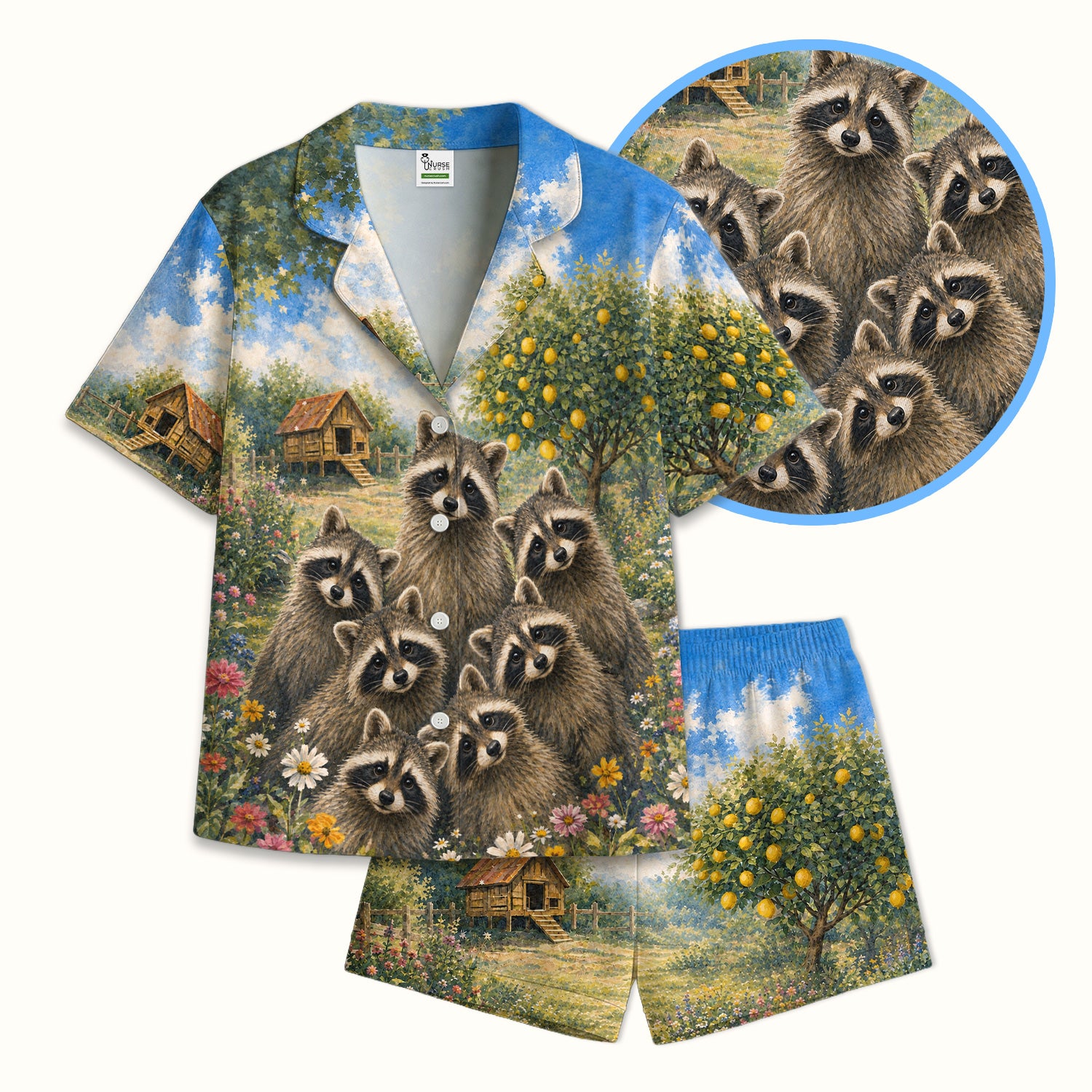 Adorable Raccoon Family Garden Pattern Pajama Set, Soft Breathable Fabric Comfortable Sleepwear