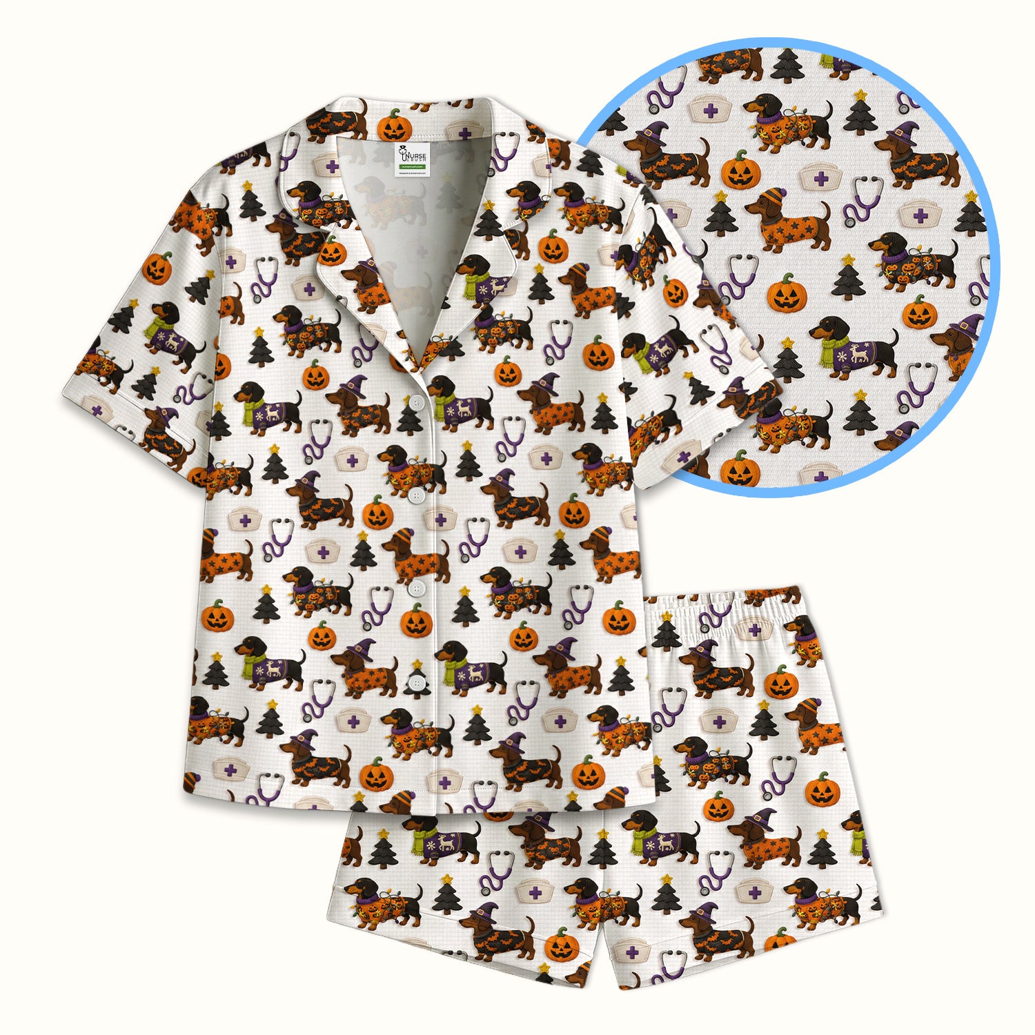 Halloween Dachshund with Pumpkin Stethoscope Print Pajama Set, Soft Breathable Fabric Comfortable Sleepwear